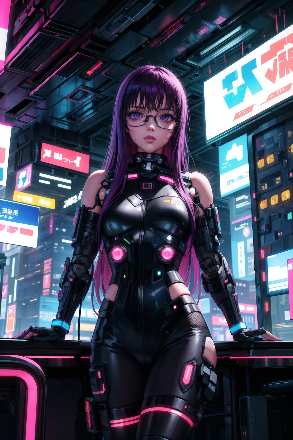 masterpiece,best quality,highres,ultra-detailed,purple hair, long hair, Saori, ((hacker)), ,fishnets ,computer, monitor, wive, cable,(( cyberpunk)), indoors, neon nigth, ((Cyborg)), ((star wars)), chip, cyberpunk, collar, confident and curious gaze, futuristic cyberpunk hacker attire, high-tech bodysuit with glowing circuitry patterns, fingerless gloves and augmented reality glasses, underground hacker den, surrounded by screens displaying code and data, typing rapidly on a holographic keyboard, exuding intelligence and tech-savviness, cyberpunk and gritty atmosphere, dark color palette with neon highlights