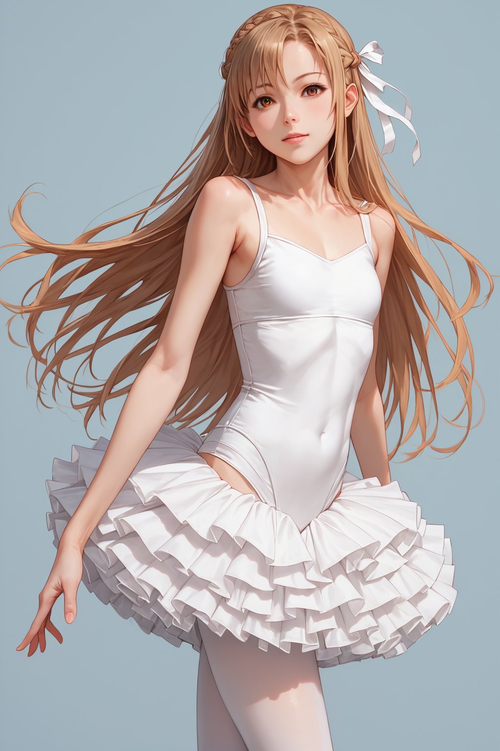 score_9, score_8_up, score_7_up,source_anime, high res image,masterpiece,best quality,girl,cowboy shot,cute face,simple background,  jyojifuku, ballerina, ballet,leotard, white pantyhose, tutu, asuna yuuki, long hair, french braid, orange ha