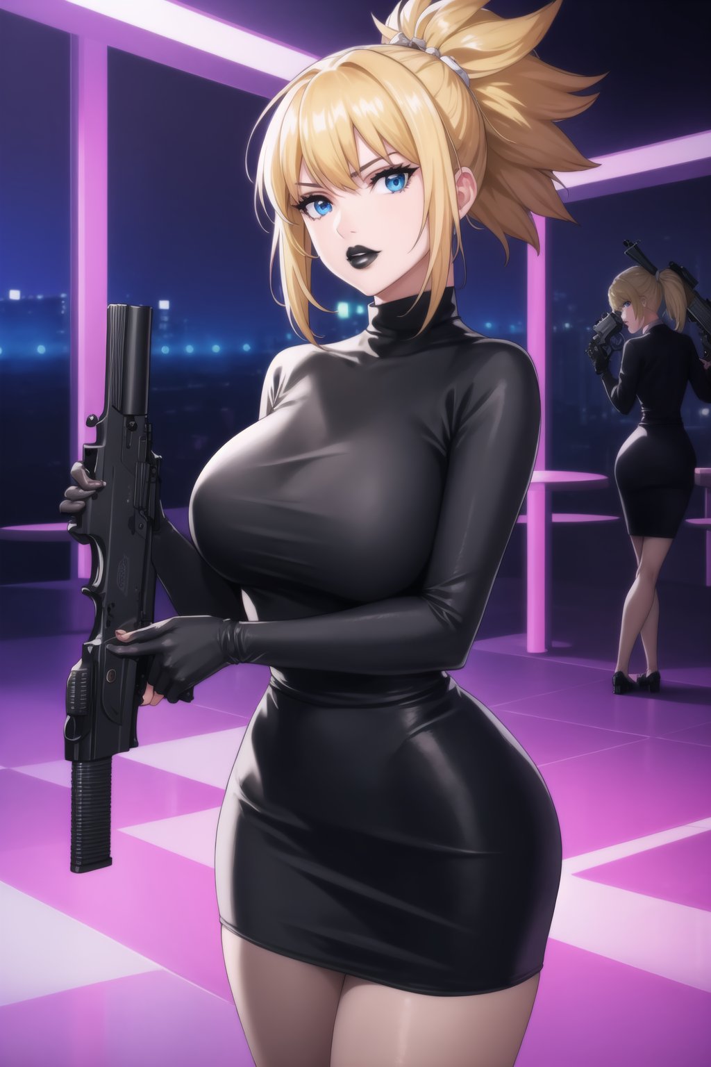 (best quality), (highly detailed), masterpiece, (official art),  kohaku, blonde hair, blue eyes, hair ornament, ponytail, solo,  lips:1.2, black lips:1.4, lipstick:1.2, skirt, black turtleneck shirt, black shirt, latex:1.2, gloves, pencil_skirt, shirt, black gloves, standing, looking at viewer, breasts, black skirt, looking at viewer, (/nightclub scene, neon lights), , club, (nigth club), ,hd quality, perfect face ,realistic, realistic body , perfect face sync,night club,StandingAtAttention,marinette,night club,b1mb0, gun, weapon, holding gun, handgun, holding, pistol, gun, handgun, pistol, holding weapon,  trigger discipline,