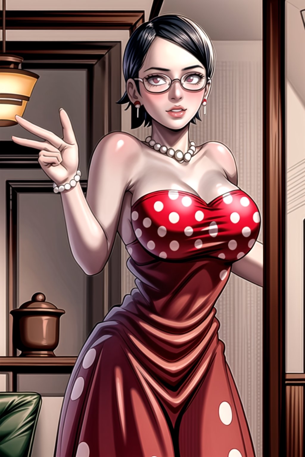 (best quality), (highly detailed), masterpiece, (official art),(sarada, jewelry, earrings , glasses, swept bangs),(Stepford),lips, makeup, lipstick,red lips,smile, (pose),(polka dot:1.4), (polka dot dress:1.4),(pearl necklace:1.2), pearl bracelet, bare shoulders,(red dress:1.2),(aroused), nose blush ,standing, big breasts, (large pearl necklace), (hoop earrings:1.2), looking at viewer, window, indoors, scenery, intricately detailed, hyperdetailed, blurry background, depth of field, best quality, masterpiece, intricate details, tonemapping, sharp focus, hyper detailed, trending on Artstation, 1 girl, high res, official art,,,whiteeyes,<lora:659111690174031528:1.0>
