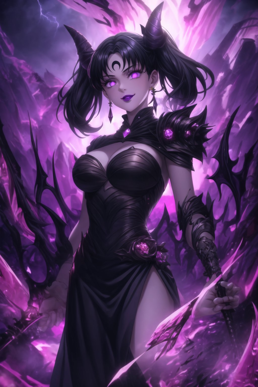 ((lips,purple lips,lipstick,makeup)), ((crescent face mark, Crystal black earrings)),closed mouth,smile, Diane, twintails black hair,hair_scrunchie ,lips, ruler of hell, stands as a malevolent dictator, gradient from white to dark, framing her cold gaze. Her elaborate gown, adorned with sinister symbols and glowing red accents, reflects her dominance and cruelty. The background features a hellish landscape: rivers of lava, jagged rocks, tormented souls, and dark clouds with lightning. Eerie, red and black glows illuminate the scene, capturing the dark and oppressive atmosphere of her dominion. Armor, black wings, mace, holding mace, demon horn,GFX