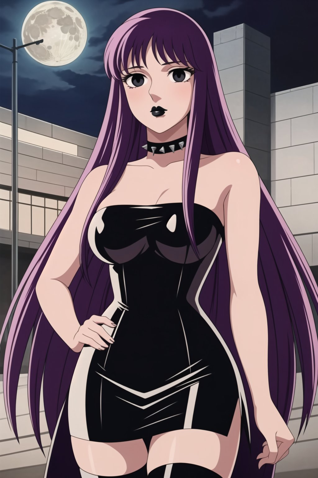 ((best quality)),  ((highly detailed)),  masterpiece,  ((official art)),(Saori Kido, Saori, long hair, black hair:1.3),((black eyes, empty eyes,expressionless,hypnosis)),(((white skin))) ,((makeup,lipstick, black lips:1.2)),absurdres, (spiked collar:1.2),  coyboy shot:1.3, thighhighs, lips,  blush,  (black latex:1.3),  black dress:1.2,  miniskirt  ((bodyconf)),  bare shoulders,  (( strapless)),  large breast,  looking at viewer,  street,  city,  nigth,  moon,  club,  (nigth club),  , hd quality,  perfect face , realistic,  realistic body,  perfect face sync,  , b1mb0,,,black lips,Saori Kido