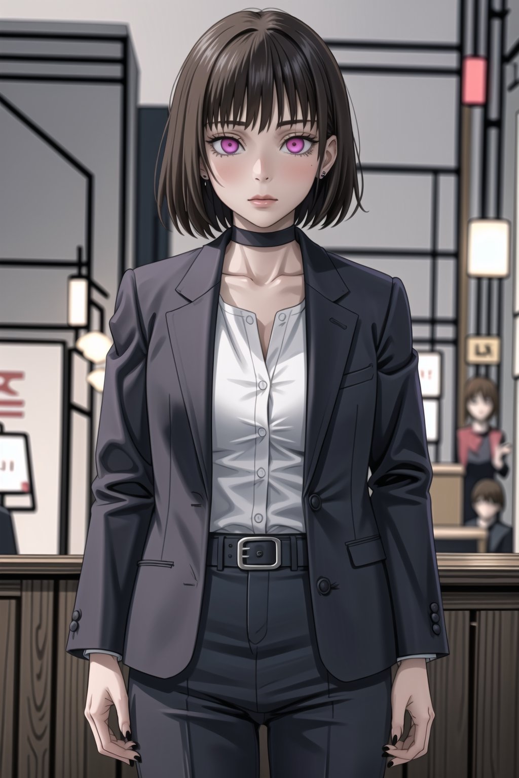 ((best quality)),  ((highly detailed)),  masterpiece,1girl, 1girl, (lips:1.2), expressionless,nail polish, solo,   black pants,  formal,  black jacket,  open jacket,  (white shirt),  belt, ,  black jacket, (black suit),  long sleeves,  shirt tucked in,, (black choker), blush, earrings, black nails, looking at viewer, standing, cowboy shot, fingernails,  bar,outdoor,lamp,nigth,space, alcohol, sexy pose:1.2, purple nails, wristband ,Mimiko, short hair, bangs, brown hair, pink  eyes, bob cut,,StandingAtAttention,,<lora:659111690174031528:1.0>