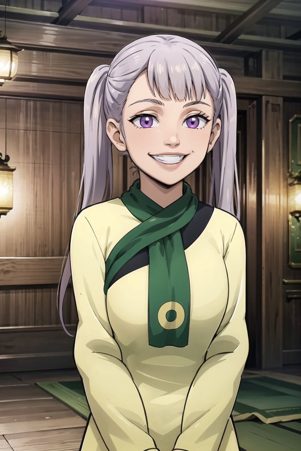 (best quality), (highly detailed), masterpiece, (official art), noelle_silva, long hair, purple eyes, twintails, bangs, silver hair, joo dee, (hair ornament:1.2), grin, lips , arms to sides, blurry background, depth of field, best quality, masterpiece, intricate details, tonemapping, sharp focus, hyper detailed, trending on Artstation, 1 girl, solo, high res, official art,noelle_silva,Detailedface