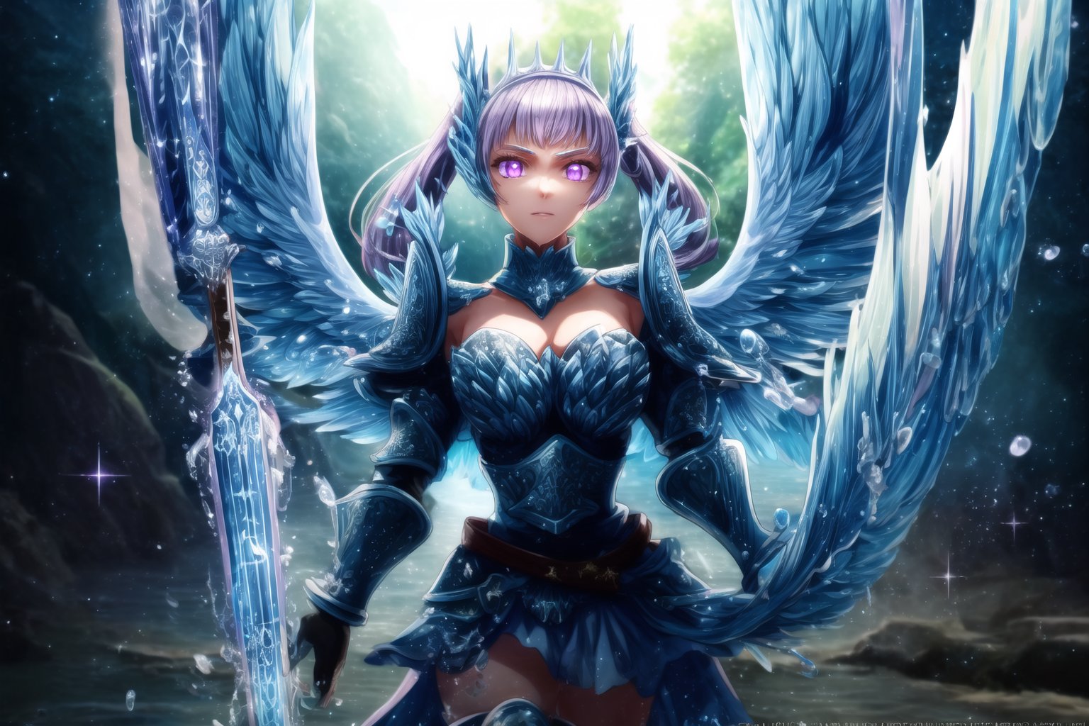 GFX wallpaper featuring Noelle Silva as a Valkyrie, with twintailed silver hair and shimmering water armor that appears both solid and liquid. The scene is illuminated by a radiant sword in her hand, casting light across the battlefield. Her wings, crafted from water, sparkle as if catching the light of a distant sun, and her purple eyes glow intensely. Water splashes around her armor, and energy beams shoot through the background. Her armored dress is detailed with intricate runes and silver accents, all glimmering as if imbued with magic. The background shows crashing waves, with water particles frozen mid-air, glowing in vibrant blue, violet, and white hues.,DonMRun3Bl4d3