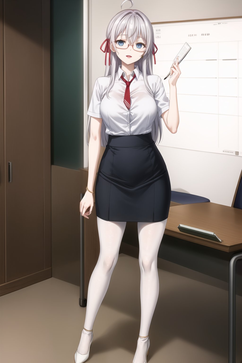 A close-up shot of alya, long hair, grey hair, blue eyes, hair between eyes, hair ribbon, red ribbon, ahoge, the SKS Office Lady, stands expressionless with empty eyes, her lips subtly parted as if in a state of subtle hypnosis. glasses, skirt, pantyhose, earrings, pencil skirt, adjusting eyewear,  blue skirt, chalkboard, open mouth, teacher, paper, necktie, jewelry, red-framed eyewear, bespectacled, white legwear, semi-rimless eyewear, under-rim eyewear, shoes, standing, desk, blue footwear, office lady, smile, lanyard, clipboard,  shirt. In formal attire, she exudes professionalism.