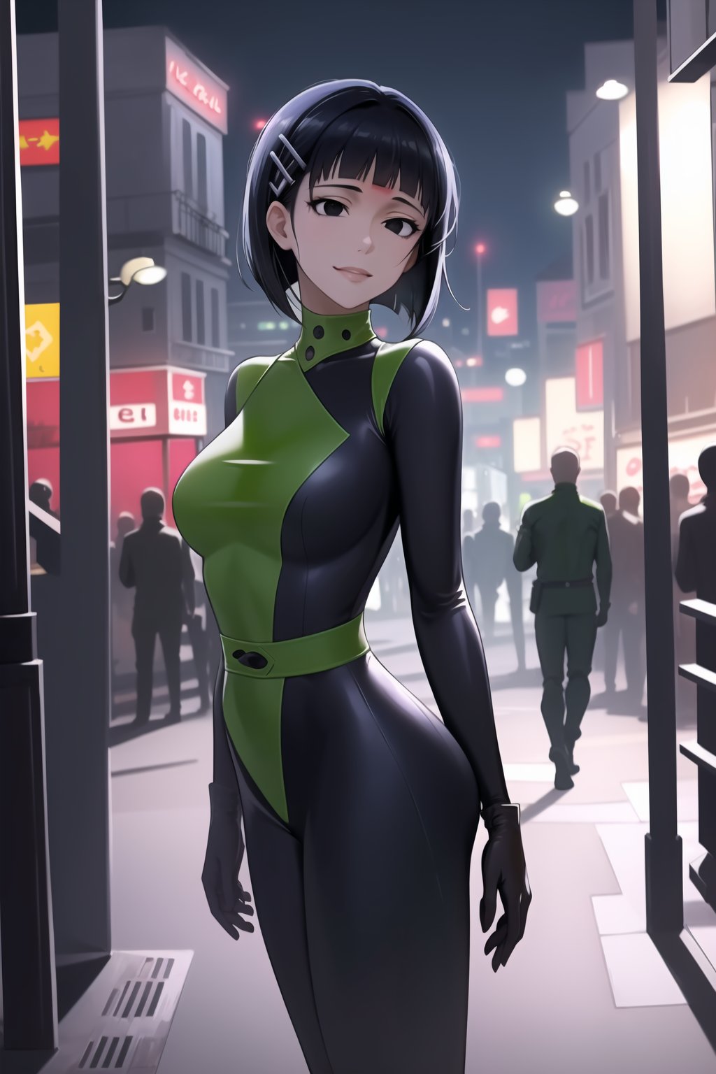 ((best quality)),  masterpiece, dynamic angle, (microchip), suguha, Bob cut, short hair, black hair, hair clip, black eyes, cyberpunk, paris, ruin,night ,(shegosuit) , (expressionless:1.2), smile, lips, scenery,  blurry background, 1 girl,  high res,  official art,empty eyes