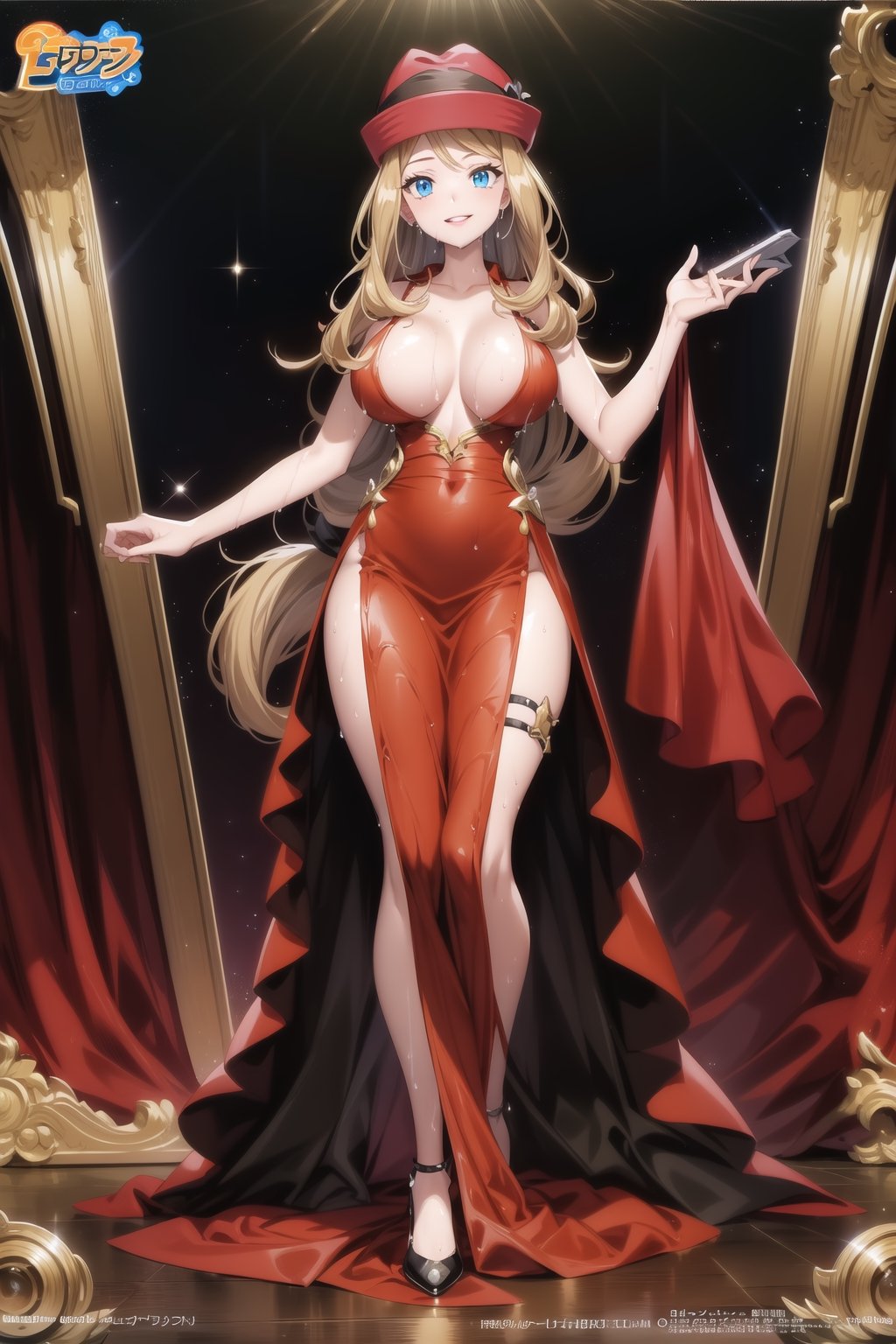 ((best quality)),  ((highly detailed)),  masterpiece,  ((official art)),  ((serena)), 1girl, solo, orange hair, blue eyes, blonde hair, long hair, hat, ((red headwear)),  long elegant classy black ballgown, silk ballgown, long ballgown, ankle length dress, deep v neck, golden high heels, massive chest, red scarf, goddess, light brown skin, stunning hourglass figure, long red silky hair, absurdres, masterpiece, perfect quality, perfect proportions, brilliant lighting, grand ballgown party background, sharp focus, skin imperfections, smile, dimples, big bright eyes, big full lips, wet body, bioluminescent, wet bone structure, thigh strap