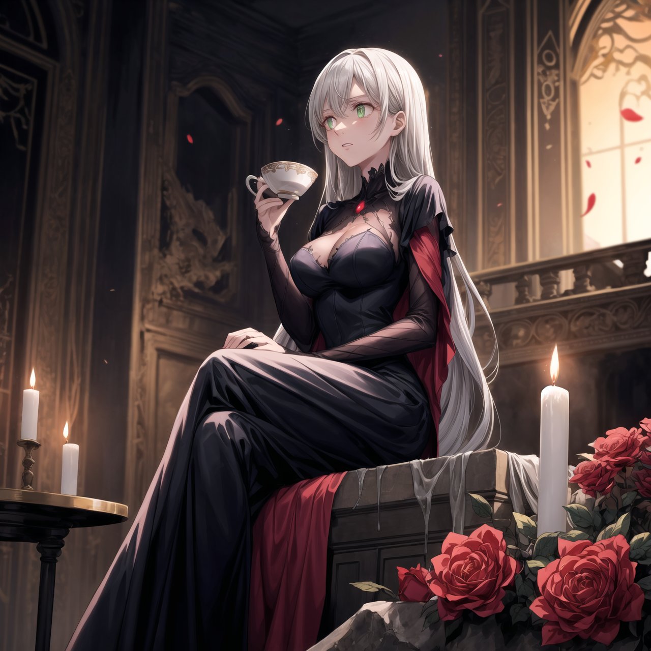 Anime illustration of Elizabeth, transformed into the corrupted ruler of Hell, sitting on a luxurious golden throne on a grand balcony. Her long hair flows from a gradient of white to black, symbolizing her descent into darkness, and her once green eyes now glow with a menacing red hue. She wears an elaborate black and red gown adorned with sinister symbols and glowing red accents, reflecting her dominance and cruelty.

Elizabeth's expression is cold and devoid of emotion as she holds a delicate porcelain teacup with her right hand, her left finger placed on her lips in a gesture of silence. Her gaze is fixed on the scene before her, a hellish landscape of a city engulfed in flames. Tall buildings and ancient architecture are crumbling and burning, casting an orange and red glow across the sky, creating a dramatic and chaotic atmosphere.

The balcony is decorated with large vases overflowing with vibrant red roses, some petals gently falling in the foreground, adding a touch of morbid beauty to the scene. The setting sun enhances the fiery ambiance, casting long shadows and illuminating the destruction.

On the table beside her, there are various elegant tea sets and a candlestick with lit candles, adding a warm light to the dark setting. Rivers of lava flow through the city, jagged rocks protrude from the ground, and tormented souls can be seen in the distance. Dark clouds swirl above with lightning illuminating the oppressive atmosphere of her dominion.