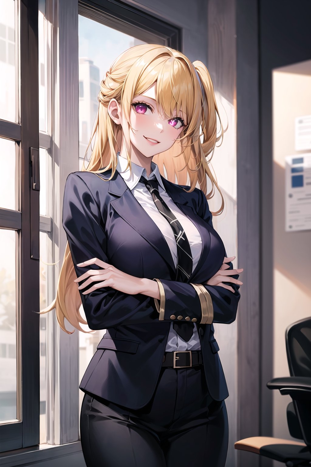 (best quality), (highly detailed), masterpiece, (official art),  hoshino_ruby, long hair, one side up, lips, smile, top jacket:1.3,black pants, belt,,necktie,  black jacket,(black suit), long sleeves, shirt tucked in,looking at viewer, shirt, black necktie, white shirt, medium breasts,window, formal, office lady,pants, business suit, suit,  (intricately detailed, hyperdetailed), blurry background,depth of field, best quality, masterpiece, intricate details, tonemapping, sharp focus, hyper detailed, trending on Artstation,1 girl, solo,high res,official art,hoshino_ruby