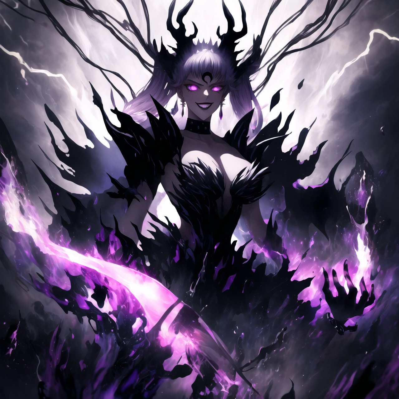 Wallpaper GFX of Noelle Silva's "Dark Thunder" form, aged-up and radiating dark energy. Her silver hair styled in twintails flows through the dark mist, while her sharp purple eyes gleam with malevolence. She stands confidently, her bold lipstick lips curved into a wicked grin. Retro-inspired black and silver armor covers her powerful physique, adorned with intricate black crystal earrings, a matching choker, and ornate gloves. A glowing, crescent-shaped mark on her forehead pulses with dark energy. She summons dark thunder and electricity, crackling around her hand and sword. Her enormous dark wings, made of shadowy tendrils and storm clouds, spread wide behind her. The background features a menacing black moon casting long, eerie shadows across the scene. Flashes of electric purple and black lightning illuminate the swirling clouds, while glowing red runes and sigils pulse in the air around her. The entire scene is bathed in dark and ominous hues, with bursts of glowing energy and digital distortions that create a chaotic yet visually striking aesthetic. Noelle Silva dominates the battlefield, ready to strike