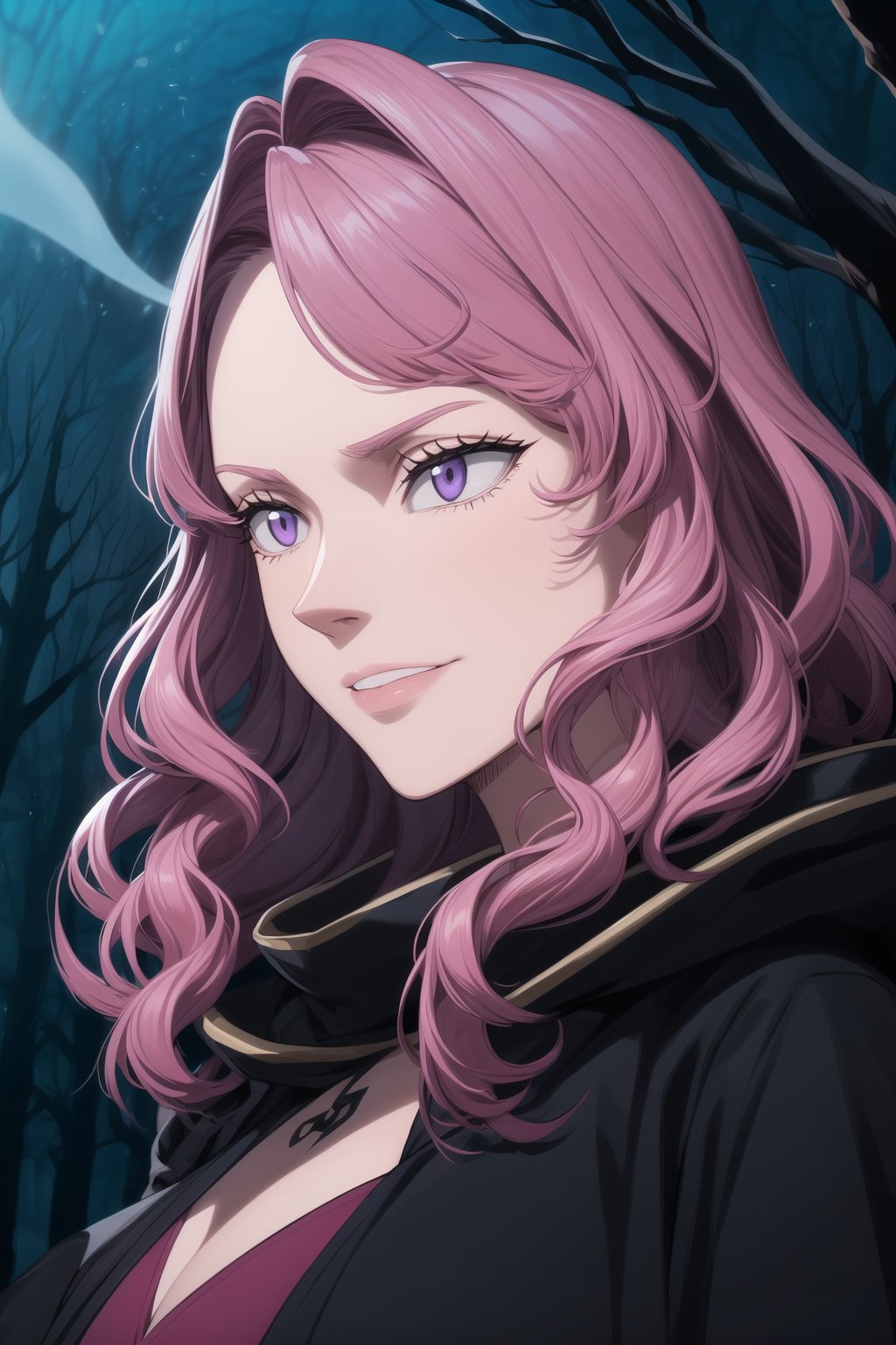 ,(masterpiece, best quality, very aesthetic, ultra detailed), lips, black lips:1.2, evil smile, evil, villain, corrupted, dark persona,intricate details, 4k, Vanessa, purple eyes,  (long straight pink hair, dark pink hair, long wavy hair),   as an evil sorceress, with dark magical energy swirling around her, in a dark, mystical forest. She wears a dark, flowing robe with glowing blue runes, and a hood that shadows her face, adding to her ominous presence. The background is filled with twisted trees and ominous fog, lit by ghostly blue light. Created Using: dark fantasy anime style, magical realism, detailed character design, ethereal lighting, digital painting, intricate