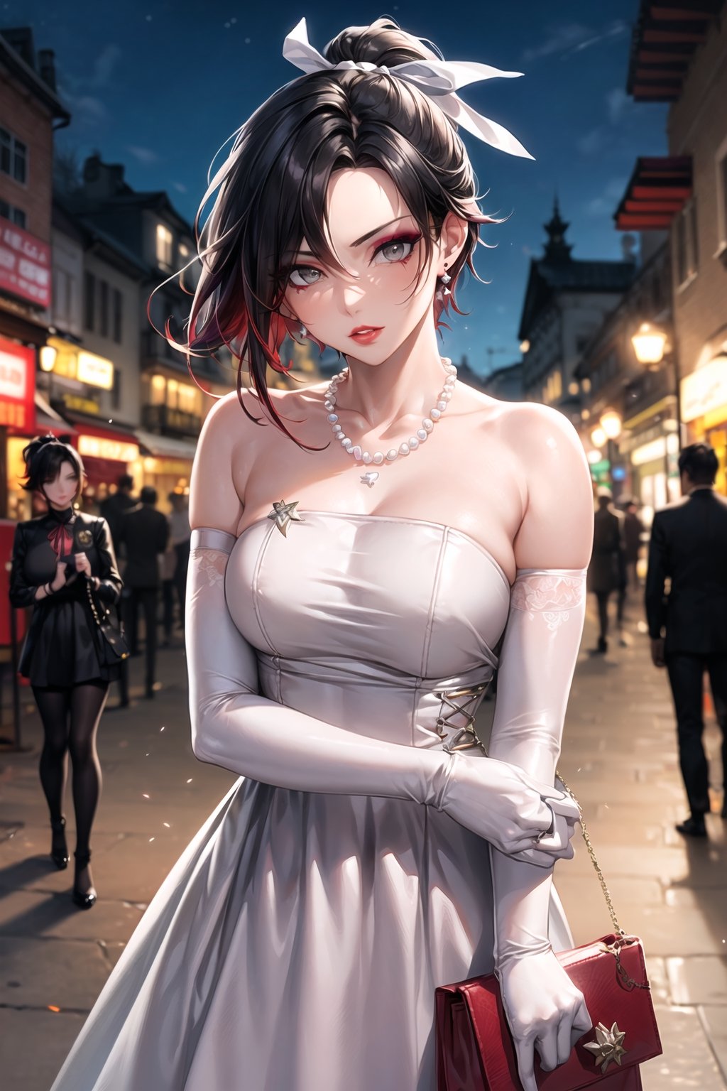 (best quality), (highly detailed), masterpiece, (official art), ,(ruby rose:1.2, ponytail:1.3), (makeup:1.5), (lips:1.3), parted_lips, blue earrings:1.3,jewelery:1.3,((long sleeves,  elbow gloves:1.2,dress, ribbon, ccollarbone, white dress:1.3,  pearl necklace:1.3, holding, holding bag, v arms:1.3)), looking at viewer, china, asiática, city, night, sky,  (intricately detailed, hyperdetailed), blurry background,depth of field, best quality, masterpiece, intricate details, tonemapping, sharp focus, hyper detailed, trending on Artstation,1 girl, high res, official art,StandingAtAttention,bestiality