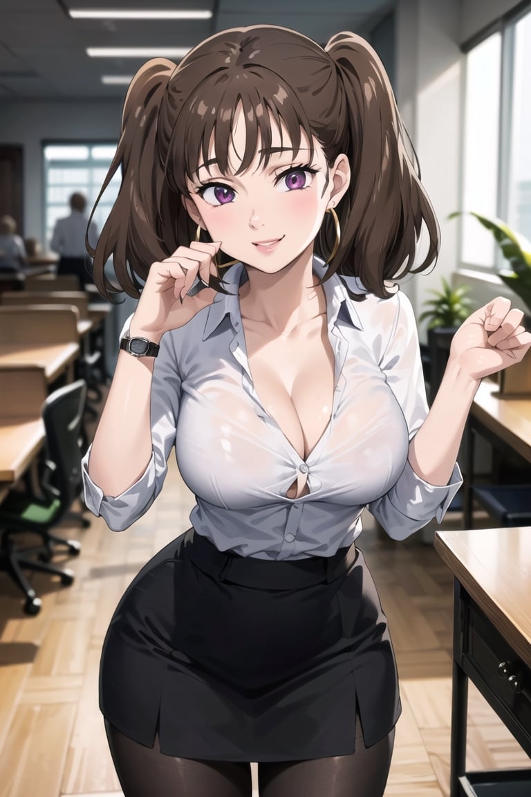 ((best quality)), ((highly detailed)), masterpiece, ((official art)), ( diane, twintails), (office:1.3), (window, indoors, plant), (seductive smile), (hoop earrings), (high-waist skirt:1.2), (black skirt), (collarbone, cleavage) , (lips:1.2), (narrow_waist:1.2) , wristwatch, skirt, solo, (cowboy shot:1.2), standing, pencil skirt, (leaning forward:1.3),(hands over desktop:1.3),(seductive pose:1.2) collared shirt, (office lady), (white shirt:1.2), (formal:1.1), shirt tucked in, (skirt suit), black pantyhose, dress shirt, intricately detailed, hyperdetailed, blurry background, depth of field, best quality, masterpiece, intricate details, tonemapping, sharp focus, hyper detailed, trending on Artstation, 1 girl, high res, official art