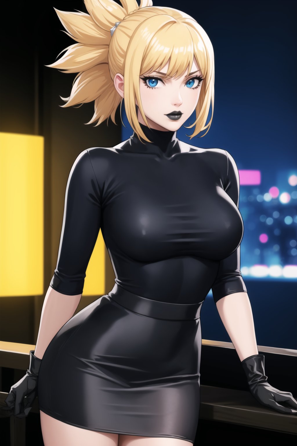 (best quality), (highly detailed), masterpiece, (official art),  kohaku, blonde hair, blue eyes, hair ornament, ponytail, solo,  lips:1.2, black lips:1.4, lipstick:1.2, skirt, black turtleneck shirt, black shirt, latex:1.2, gloves, pencil_skirt, shirt, black gloves, standing, looking at viewer, breasts, black skirt, looking at viewer, (/nightclub scene, neon lights), , club, (nigth club), ,hd quality, perfect face ,realistic, realistic body , perfect face sync,night club,StandingAtAttention,marinette,night club,b1mb0, 