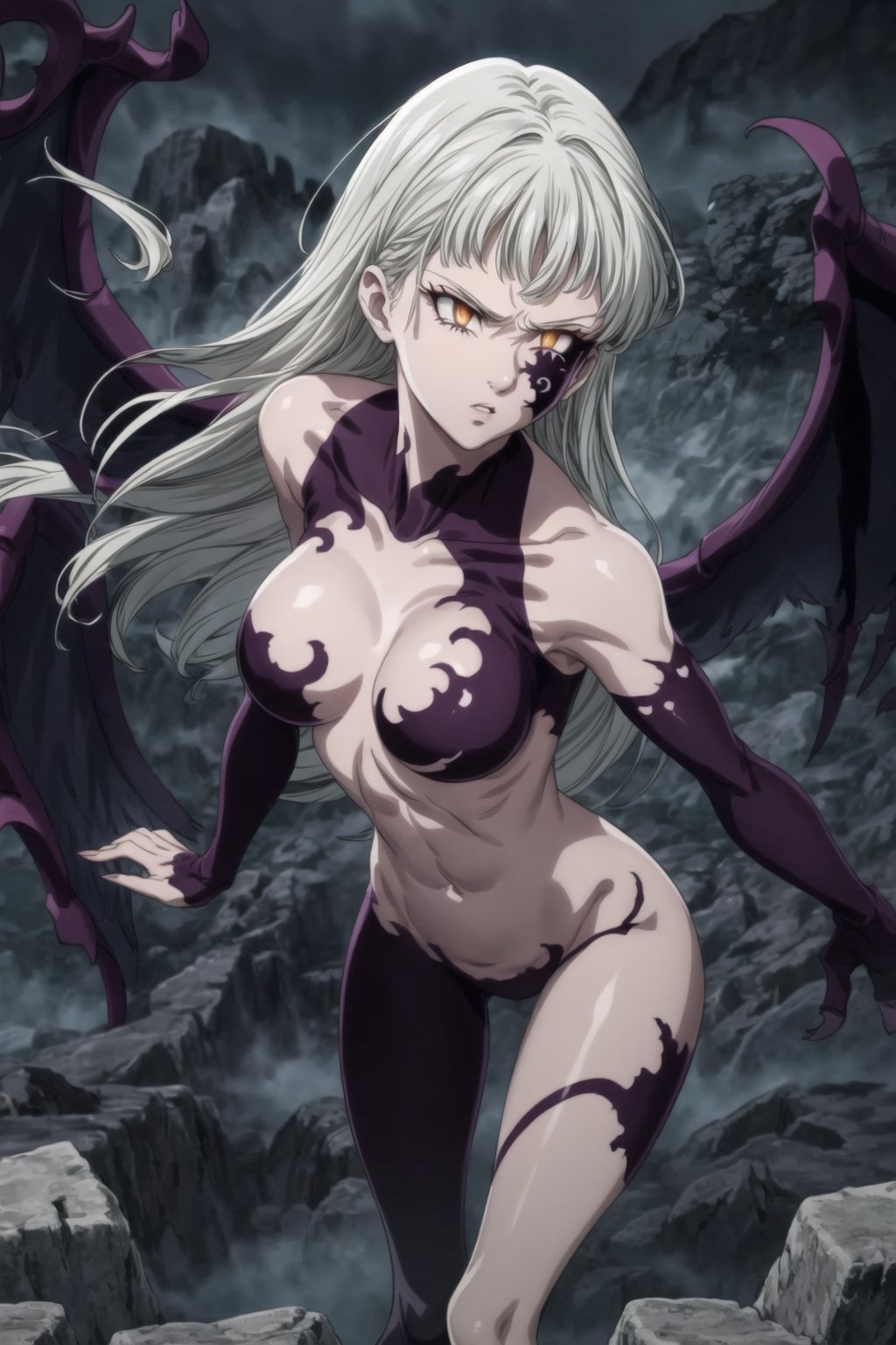 monochrome,greyscale,(tattoo,facial mark,aura,glowing,bodypaint,smoke,dark aura:1.2),1girl,long hair,medium breasts,black hair,angry,purple eyes,wings,claws,looking at viewer,nude,censored,armor,convenient censoring,Elizabeth, black hair, lips, ruler of hell, stands as a malevolent dictator, her long hair flowing like darkness itself, gradient from white to dark, framing her cold gaze.  reflects her dominance and cruelty. The background features a hellish landscape: rivers of lava, jagged rocks, tormented souls, and dark clouds with lightning. Eerie, red and black glows illuminate the scene, capturing the dark and oppressive atmosphere of her dominion.