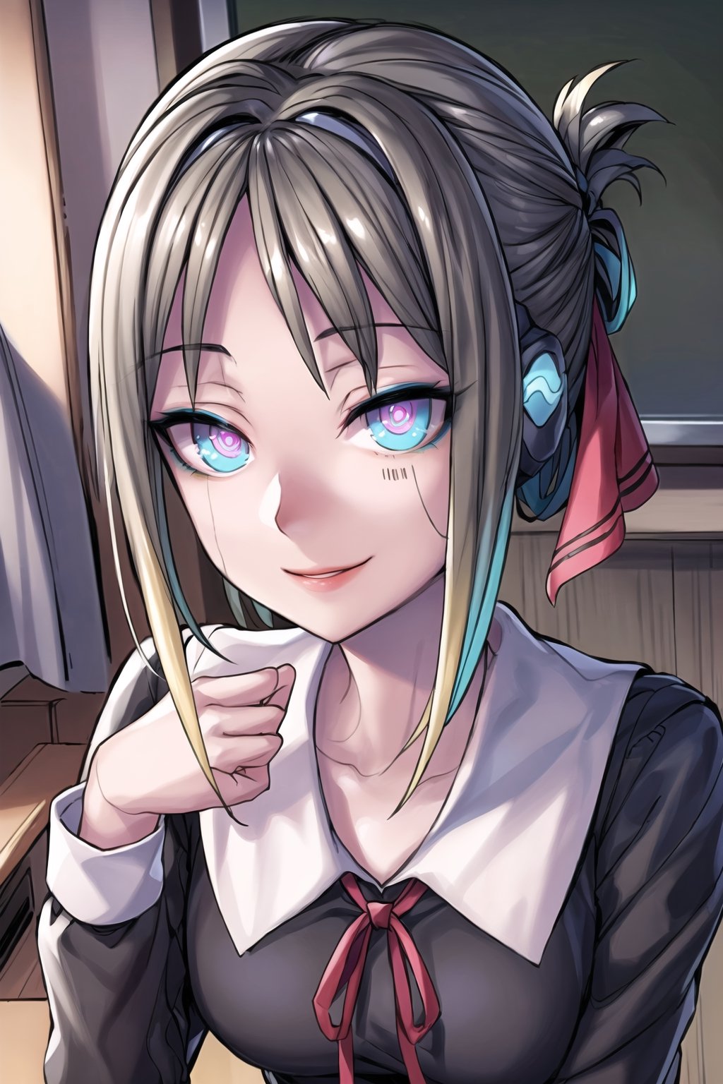 ((best quality)),  ((highly detailed)),  masterpiece,  ((official art)), aakaguya, short hair, folded ponytail, hair ribbon, parted bangs,, lips, (seductive smile,smirk) ,(Remodeling), (multicolored hair:1.3), (two-tone hair:1.3), (pink eyes, blue eyes), (glowing eyes), (android:1.2), (barcode:1.2), (doll joints:1.1), ((neck ribbon, red ribbon, black dress, black shirt, long sleeves, black sleeves)), (cyberpunk:1.2), school, (confident, sexy), chalkboard ,looking at viewer, classroom, girl, indoors,  dramatic reveal, suspenseful, urban environment, mysterious ambiance, dramatic lighting, cinematic scene, self-transformation, supernatural, otherworldly, metamorphosis, mystical, mystical energy, power awakening., intricately detailed, hyperdetailed, blurry background, depth of field, best quality, masterpiece, intricate details, tonemapping, sharp focus, hyper detailed, trending on Artstation, 1 girl, high res, official art,ai hayasaka,aahayasaka,aakaguya,Remodeling