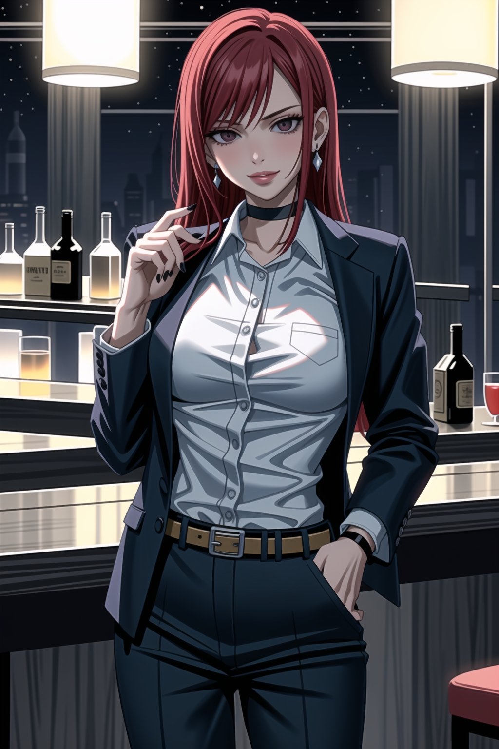 ((best quality)),  ((highly detailed)),  masterpiece,1girl, 1girl, (lips:1.2), seductive smile, smirk, naughty_face,nail polish, solo,   black pants,  formal,  black jacket,  open jacket,  (white shirt),  belt, ,  black jacket, (black suit),  long sleeves,  shirt tucked in,, (black choker), blush, earrings, black nails, looking at viewer, standing, cowboy shot, fingernails,  bar,outdoor,lamp,nigth,space, alcohol, sexy pose:1.2, purple nails, wristband, erzascarlet, red hair,,<lora:659111690174031528:1.0>