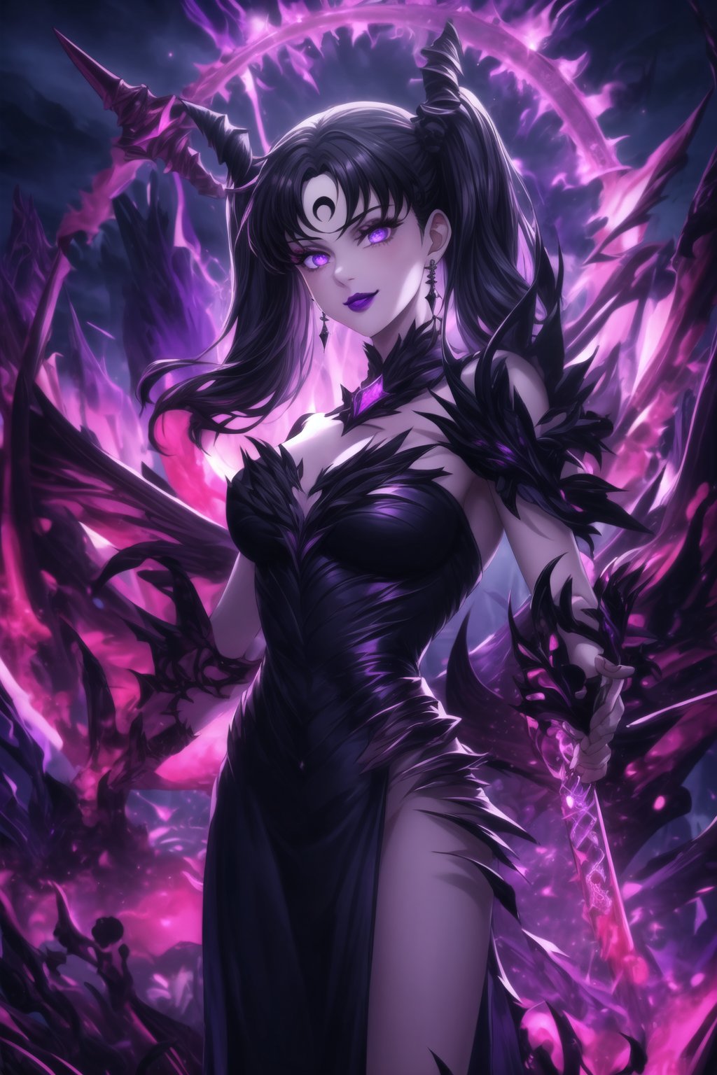 ((lips,purple lips,lipstick,makeup)), ((crescent face mark, Crystal black earrings)),closed mouth,smile, Diane, twintails black hair,hair_scrunchie ,lips, ruler of hell, stands as a malevolent dictator, gradient from white to dark, framing her cold gaze. Her elaborate gown, adorned with sinister symbols and glowing red accents, reflects her dominance and cruelty. The background features a hellish landscape: rivers of lava, jagged rocks, tormented souls, and dark clouds with lightning. Eerie, red and black glows illuminate the scene, capturing the dark and oppressive atmosphere of her dominion. Armor, black wings, mace, holding mace, demon horn,GFX