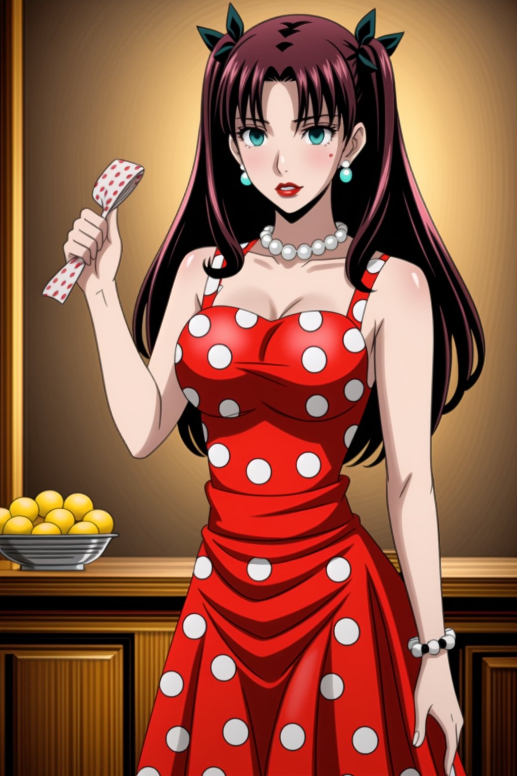 ((best quality)),  ((highly detailed)),  masterpiece,1girl, 1girl,  seductive smile, solo,   (Stepford),lips, makeup, lipstick,red lips, (pose),(polka dot:1.4), (polka dot dress:1.4),(pearl necklace:1.2), pearl bracelet, bare shoulders,(red dress:1.2),aroused, blush ,standing,  (large pearl necklace), (hoop earrings:1.2), looking at viewer, standing, cowboy shot, kitchen, cooking, indoors, house, windows, cortain, food,rin tohsaka, aqua eyes, black hair, hair ribbon, long hair, ribbon, sidelocks, two side up, (parted bangs:1.2),StandingAtAttention,<lora:659111690174031528:1.0>