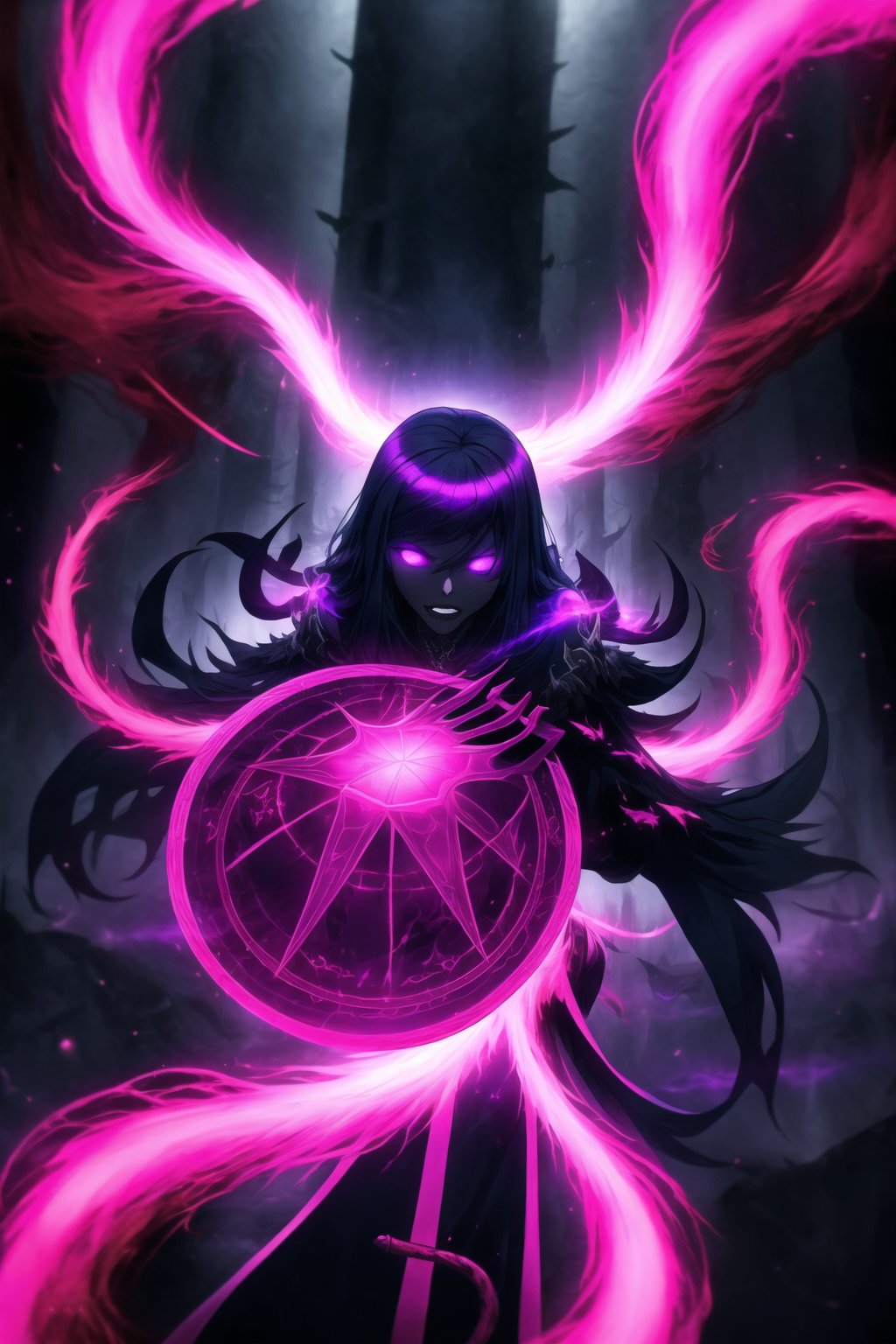 "Dark Sorceress gwentennyson Forbidden Power":
((gwentennyson, long red hair)), now twisted by dark magic, stands menacingly in her corrupted form. Her once-vibrant violet mage attire has transformed into a shadowy, tattered robe, pulsating with forbidden runes and dark flames. Her eyes glow with an ominous purple hue, and her expression is one of cruel dominance. In one hand, she clutches a cursed, blackened grimoire with glowing violet symbols that pulse with dark energy. Her other hand conjures an ominous ball of dark magic, swirling with shadowy tendrils and streaks of purple lightning.
The background is a dark, shattered void, filled with jagged cracks that leak sinister energy. Magic circles of forbidden glyphs spin around her, their deep purples and blacks contrasting against the darkened backdrop. Glistening, arcane chains twist and writhe in the air, like serpents of shadow, while forbidden runes and sigils shimmer in the darkness. Faint whispers of tortured souls emanate from the chaotic magical storm surrounding her. Streaks of corrupted purple flames and black smoke rise from the ground, engulfing the entire scene in a sense of forbidden power. Sharp, electric effects and glowing dark orbs hover in the air, as Gwendolyn channels the full force of her dark sorcery. The entire image glows with an eerie, shadowy light, casting deep, high-contrast shadows, and creating a menacing, oppressive atmosphere.,