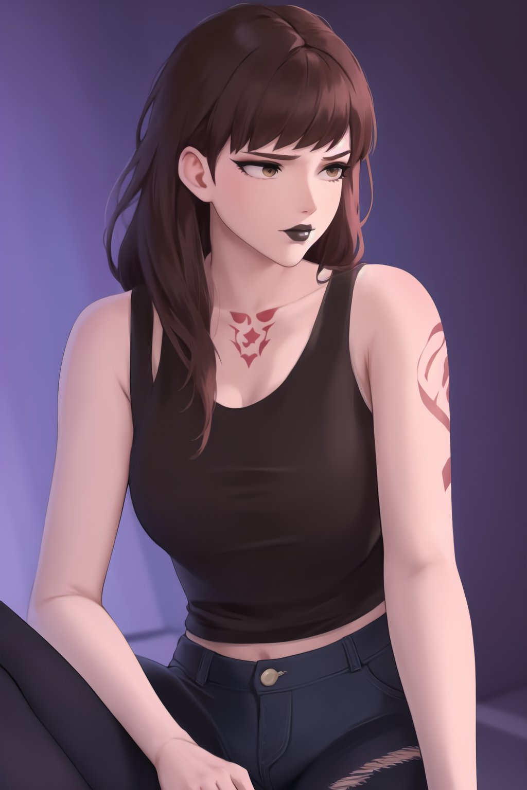 (best quality), (highly detailed), masterpiece, (official art),  dva, brown hair, messy hair, brown eyes, black lips:1.2, lips:1.3,wearing a black tank top and ripped jeans, concentrating on her work as she tattoos a client. The studio is dimly lit, with blacklight posters and various tattoo designs covering the walls. The hum of the tattoo machine fills the air as she skillfully inks a complex design. Her hands are steady, and her expression is one of intense focus., ,hd quality, perfect face ,realistic, realistic body , perfect face sync,,b1mb0, 