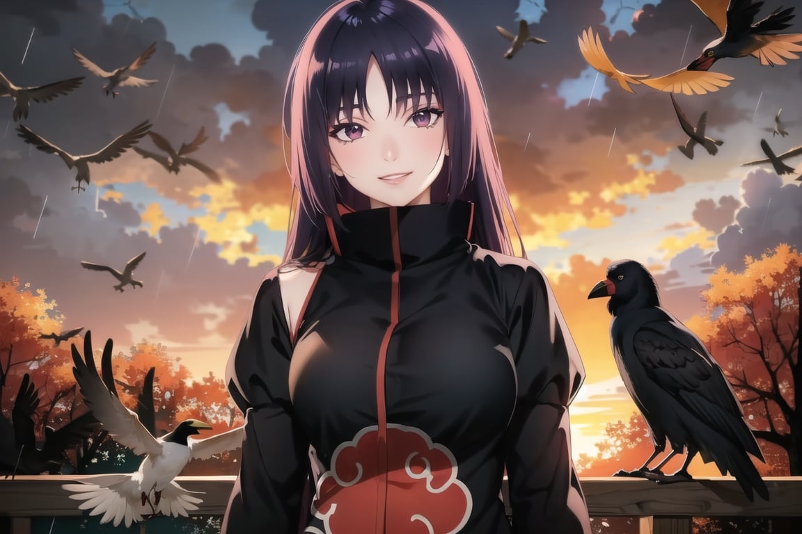 anime, hdr, soft light, ((best quality)), ((masterpiece)), (detailed),  sumire kakei, long hair, purple hair, puple eyes, makeup, head tilt, smile, (lips), (akatsuki outfit:1.1), (puffy_sleeves:1.2), ((juliet_sleeves)),large breast, high neck, high_collar, black dress, long sleeves, looking at viewer, village, (((crows))),sunset, rain, water drop, cloud, nature, ,akatsuki outfit, bird, crow, eagle, black feathers, bird on shoulder, sunset, orange sky, outdoors, fantasy00d,