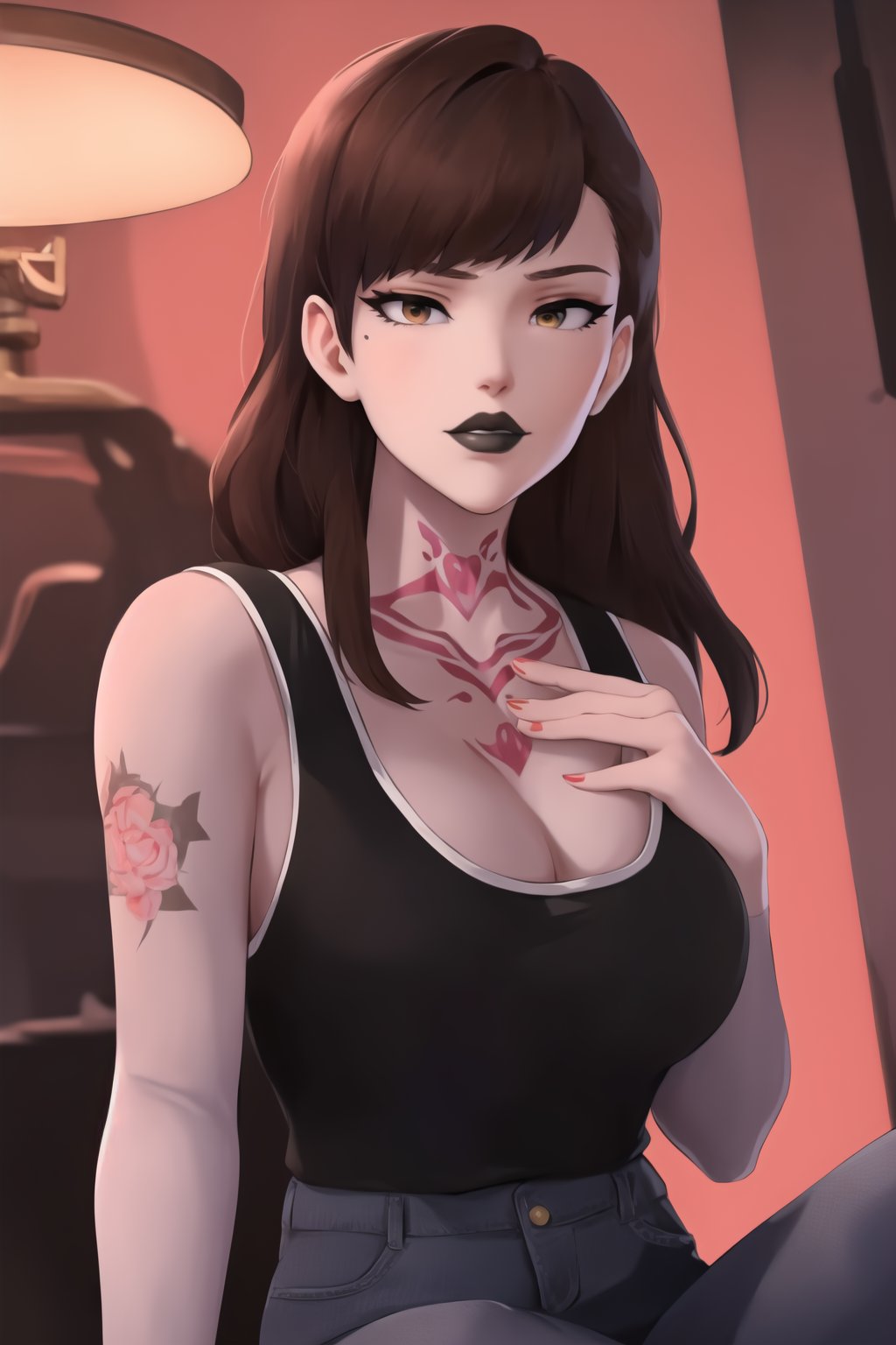 (best quality), (highly detailed), masterpiece, (official art),  dva, brown hair, messy hair, brown eyes, black lips:1.2, lips:1.3,wearing a black tank top and ripped jeans, concentrating on her work as she tattoos a client. The studio is dimly lit, with blacklight posters and various tattoo designs covering the walls. The hum of the tattoo machine fills the air as she skillfully inks a complex design. Her hands are steady, and her expression is one of intense focus., ,hd quality, perfect face ,realistic, realistic body , perfect face sync,,b1mb0, 