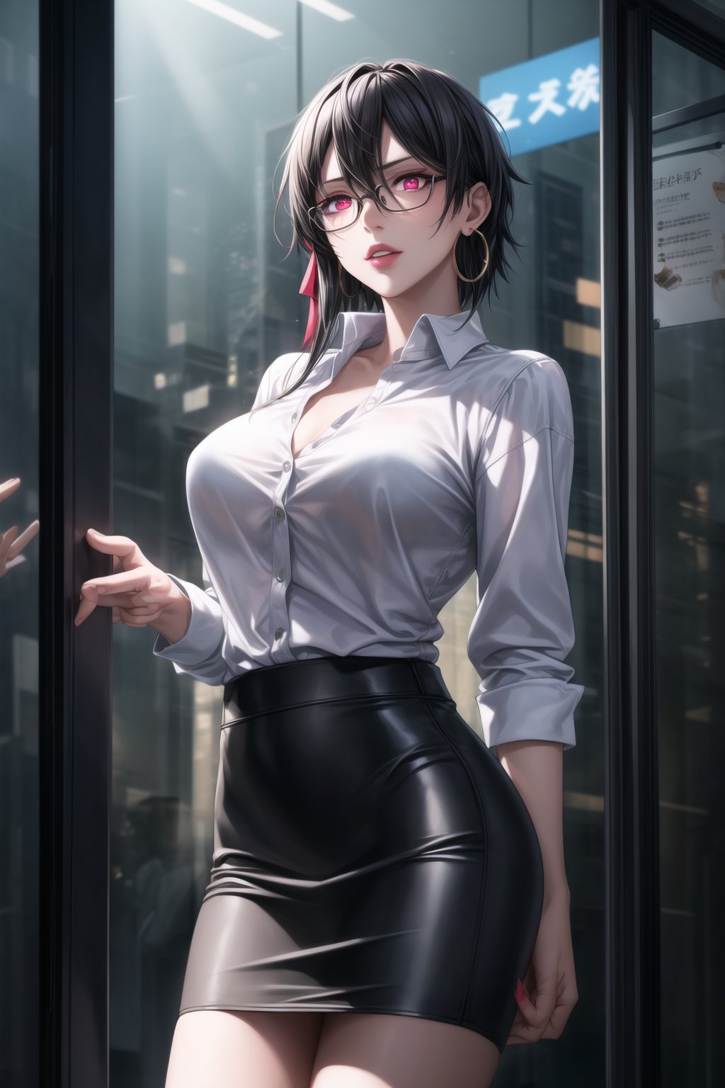 ((Best quality)), masterpiece, realistic illustration of a villainous shino asada, with black hair, hair between eyes, hair ribbon, short hair, sidelocks, and glasses. She has glowing pink eyes and red eyes, wearing a white shirt and a black leather pencil skirt, with hoop earrings and black lipstick. She stands in an office, with neon city lights casting dramatic shadows through the windows, creating an atmospheric lighting. 
The cityscape outside is detailed, with glowing signs and bustling streets. Her fierce and intense gaze, combined with the sleek design of her outfit, gives her a professional yet villainous twist. The scene is ultra-realistic, cinematic, with octane render and photo-realistic details, capturing the essence of hyper realism.