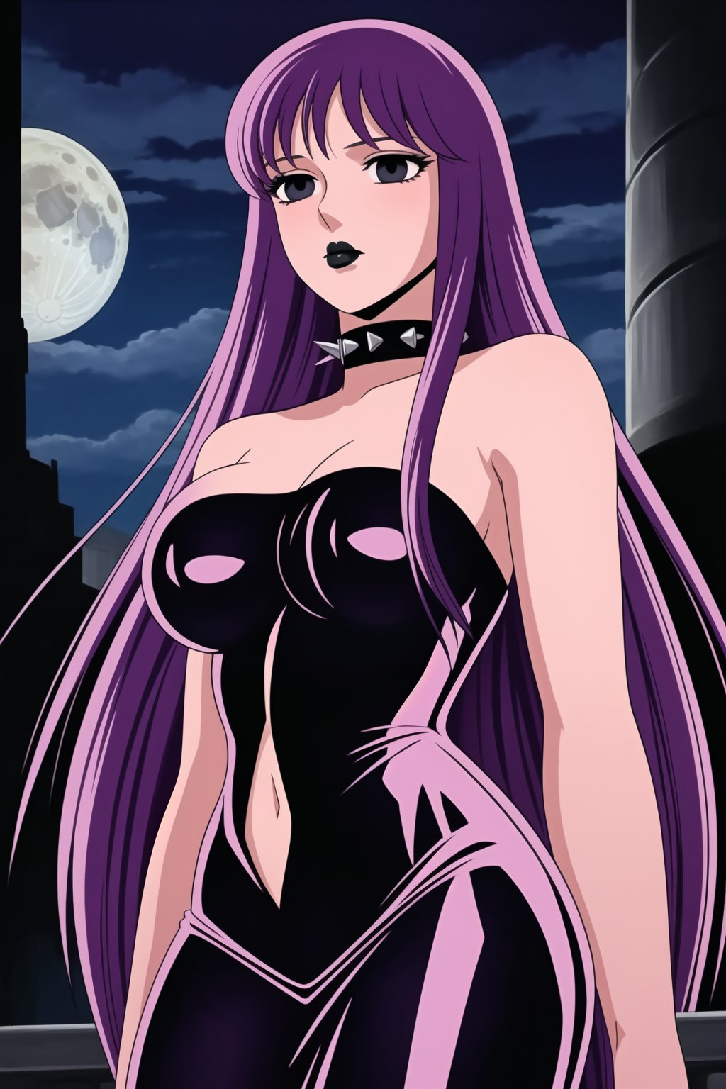 ((best quality)),  ((highly detailed)),  masterpiece,  ((official art)),(Saori Kido, Saori, long hair, purple hair),((black eyes, empty eyes,expressionless,hypnosis)),(((white skin))) ,((makeup,lipstick, black lips:1.2)),absurdres, (spiked collar:1.2), coyboy shot, lips,  blush,  (black latex:1.3),  black dress:1.2,  miniskirt  ((bodyconf)),  bare shoulders,  ((tube top, navel, strapless)),  large breast,  looking at viewer,  street,  city,  nigth,  moon,  club,  (nigth club),  , hd quality,  perfect face , realistic,  realistic body,  perfect face sync,  , b1mb0,,,black lips,