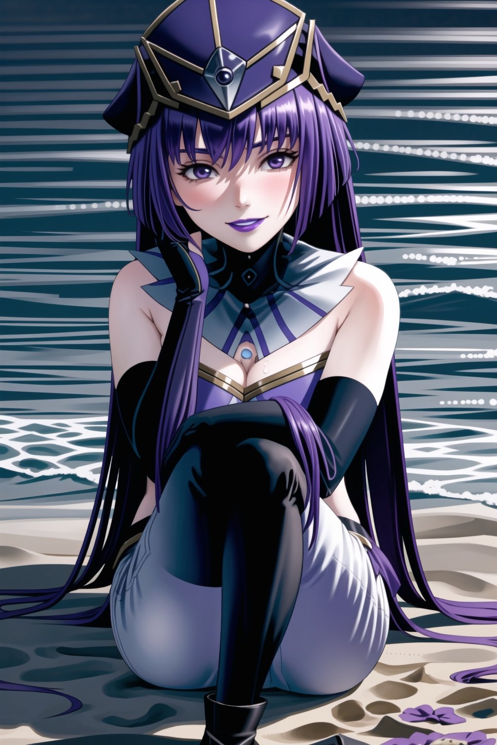 ((best quality)),  ((highly detailed)), ((sumire kakei, long hair:1.2, purple hair, purple eyes)) , masterpiece, 1girl,  evil smile:1.2, smug, seductive smile, solo, ,lips, makeup, ,standing,  MirrorMaiden, dress, cleavage, makeup, lipstick, blue lips, blue headwear, hat, fur trim, blue gloves, gloves, elbow gloves, white pants,boots,  blush, beach, sand, water, sitting, posing, outdoors, ,MirrorMaiden,sumire kakei,<lora:659111690174031528:1.0>