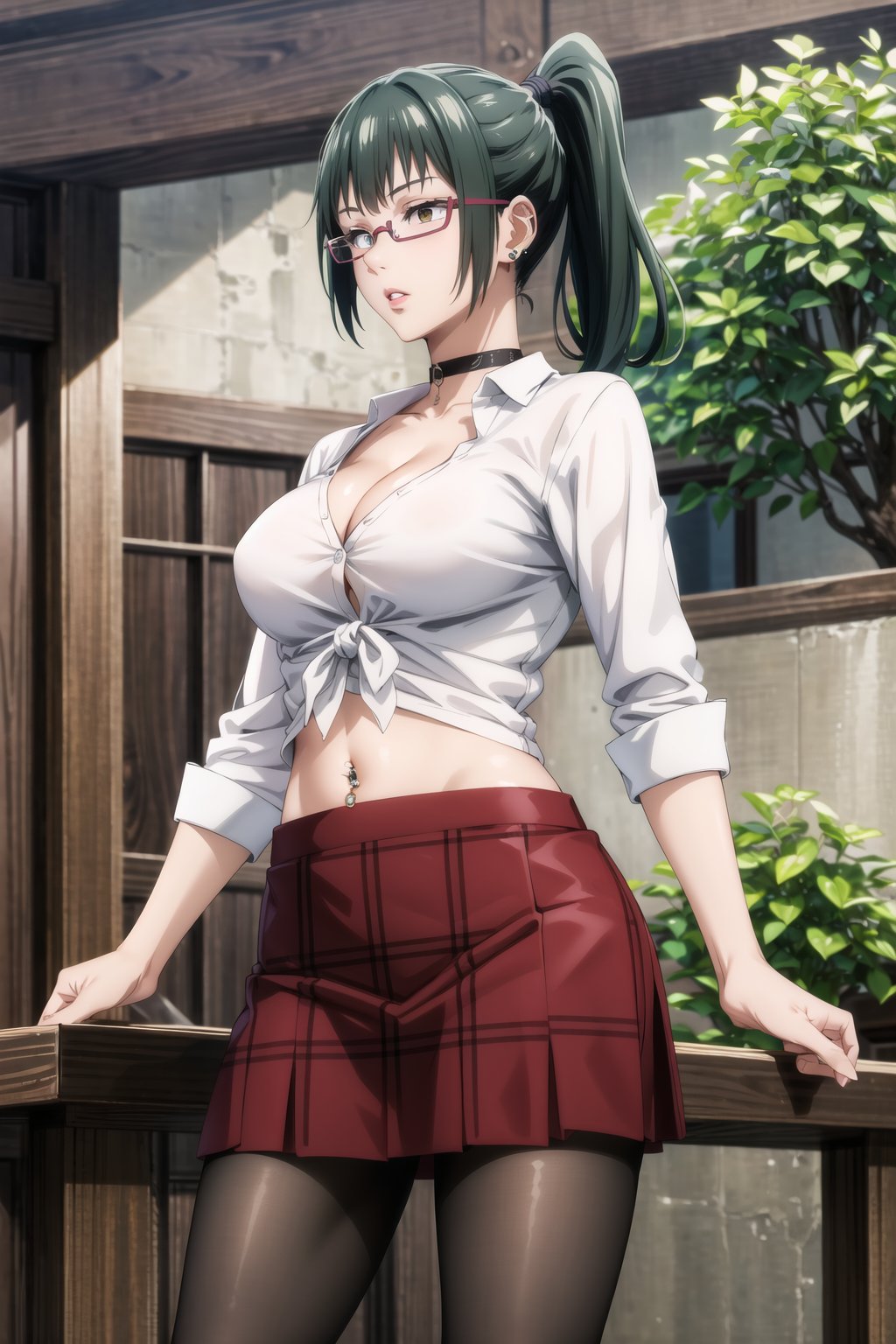 masterpiece,best quality,highres,ultra-detailed, zenin_maki, green hair, brown eyes, ponytail, glasses, bangs, white shirt, skirt, large breasts, navel, cleavage, pantyhose,  choker, midriff, miniskirt, lips, plaid, red plaid skirt, piercing, fishnets,  fishnet pantyhose, white tied shirt:1.2, navel piercing, , standing, StandingAtAttention,