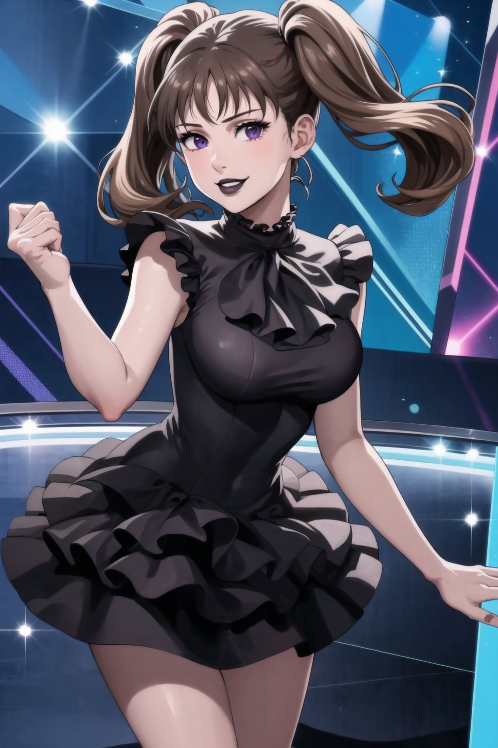 (best quality), (highly detailed), masterpiece, (official art),  diane,twintails, brown hair ,purple eyes, solo, smile, lips:1.2, black lips:1.4, lipstick:1.2, beautiful 1girl wearing a earthy black (idol dress:1.3), idol ,layered skirt, frills, ribbon, bow, sequins, looking at viewer, (state, state ligth, neon lights), ,,hd quality, perfect face ,realistic, realistic body , perfect face sync, StandingAtAttention,,b1mb0, dancing:1.3