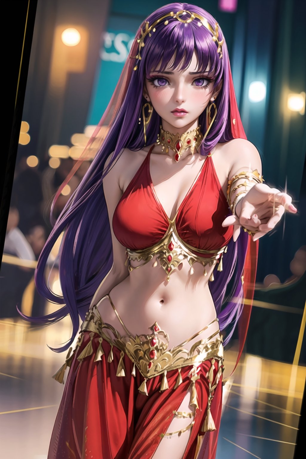 ((best quality)),  ((highly detailed)),  masterpiece,1girl, 1girl, ex, expressionless,  lips, makeup ,red lips, (dance pose:1.3), belly dance, belly dance clothes, ((red clothes)), provocative look, nightclub scene, neon lights, belly dance,(aroused), blush ,standing, ((makeup)), (earrings:1.2), blush,, looking at viewer, standing, slave, ballroom slave  market,(dutch angle), Saori, long hair, purple hair, (purple eyes),wearing belly dance dress,face_veil,jyojifuku, ((empty eyes))