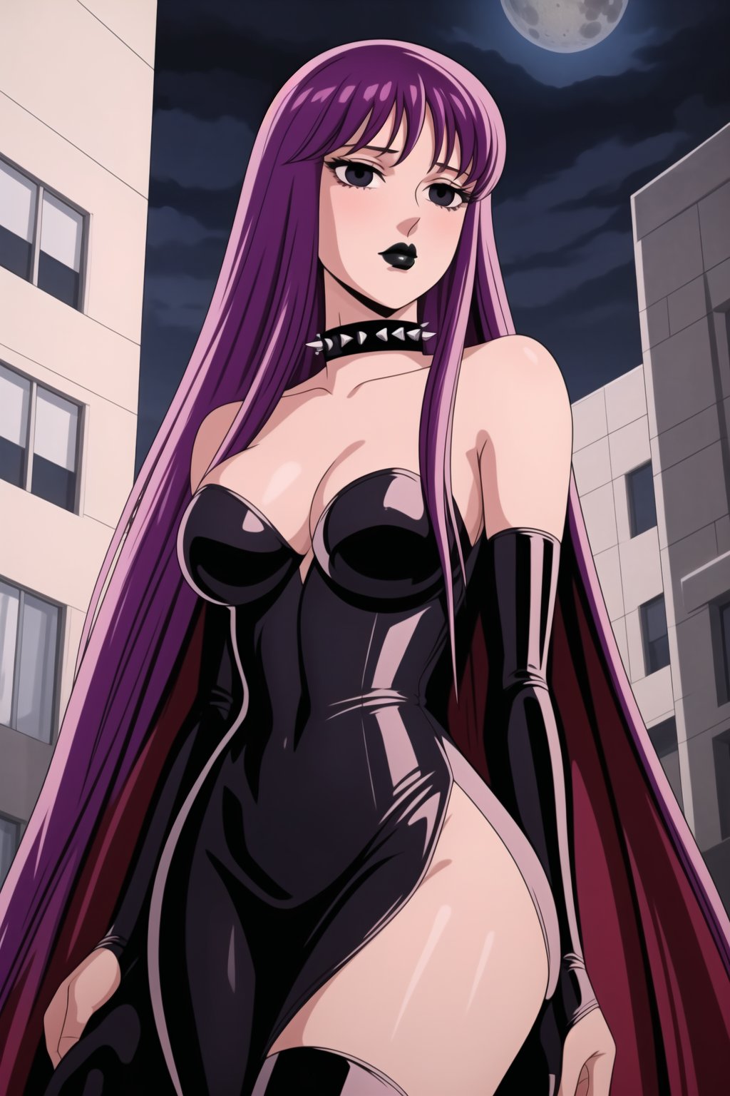 ((best quality)),  ((highly detailed)),  masterpiece,  ((official art)),(Saori Kido, Saori, long hair, purple hair),((black eyes, empty eyes,expressionless,hypnosis)),(((white skin))) ,((makeup,lipstick, black lips:1.2)),absurdres, (spiked collar:1.2), black cape, cape, coyboy shot:1.3, thighhighs, lips,  blush,  (black latex:1.3),  black dress:1.2,  miniskirt  ((bodyconf)),  bare shoulders,  (( strapless)),  large breast,  looking at viewer,  street,  city,  nigth,  moon,  club,  (nigth club),  , hd quality,  perfect face , realistic,  realistic body,  perfect face sync,  , b1mb0,,,black lips,Saori Kido