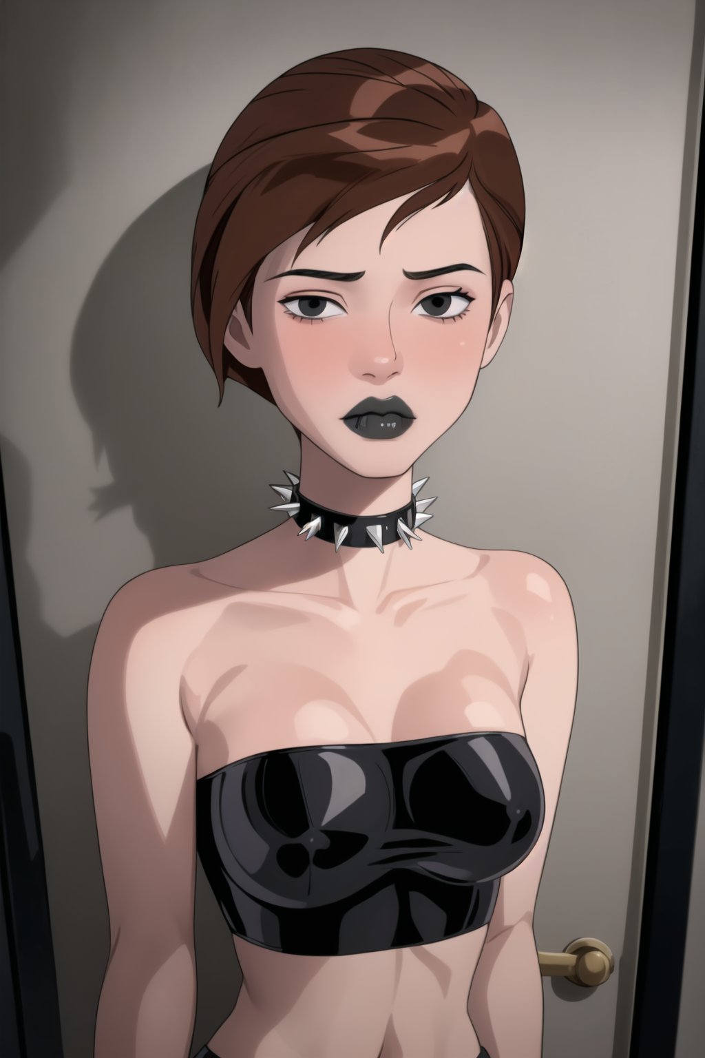 ((best quality)),  ((highly detailed)),  masterpiece,  ((official art)),(gwentennyson, ((short hair)), brown hair:1.3),((black eyes, empty eyes,expressionless,hypnosis)), ((makeup,lipstick, black lips:1.2)),absurdres, (spiked collar:1.2),  dutch angle, coyboy shot, lips,  blush,  (black latex:1.3),  black dress:1.2,  miniskirt  ((hyge breasts)),  bare shoulders,  ((tube top, navel, strapless)),  indoorrs, neon ligth, club,  (nigth club),  , hd quality,  perfect face , realistic,  realistic body,  perfect face sync,  , b1mb0,,,black lips