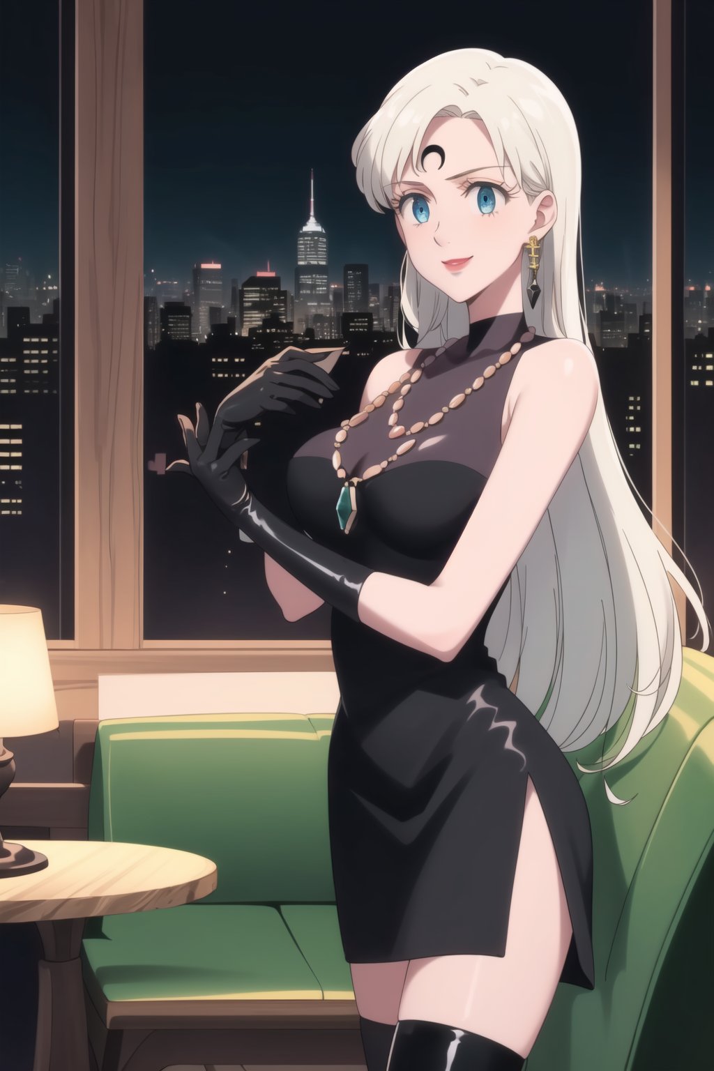 (best quality), (highly detailed), masterpiece, (official art),elizabeth, long hair, blue eyes, white hair, blunt bangs, single earring,, lips, smile, lipstick, makeup, evil smile,
((Forehead mark, crescent facial mark, black crystal earrings, jewelry)).  Dark  dress, black latex, black sleeveless dress, turtleneck_dress, short dress, elbow gloves, green gloves, thighhighs, large necklace, ((gemstone necklace:1.2)), standing,
Modern luxury lounge with dim lighting, featuring sleek black leather sofas, glass tables, and soft ambient lighting from wall sconces. A large window in the background reveals a city skyline at night, adding a touch of sophistication to the scene