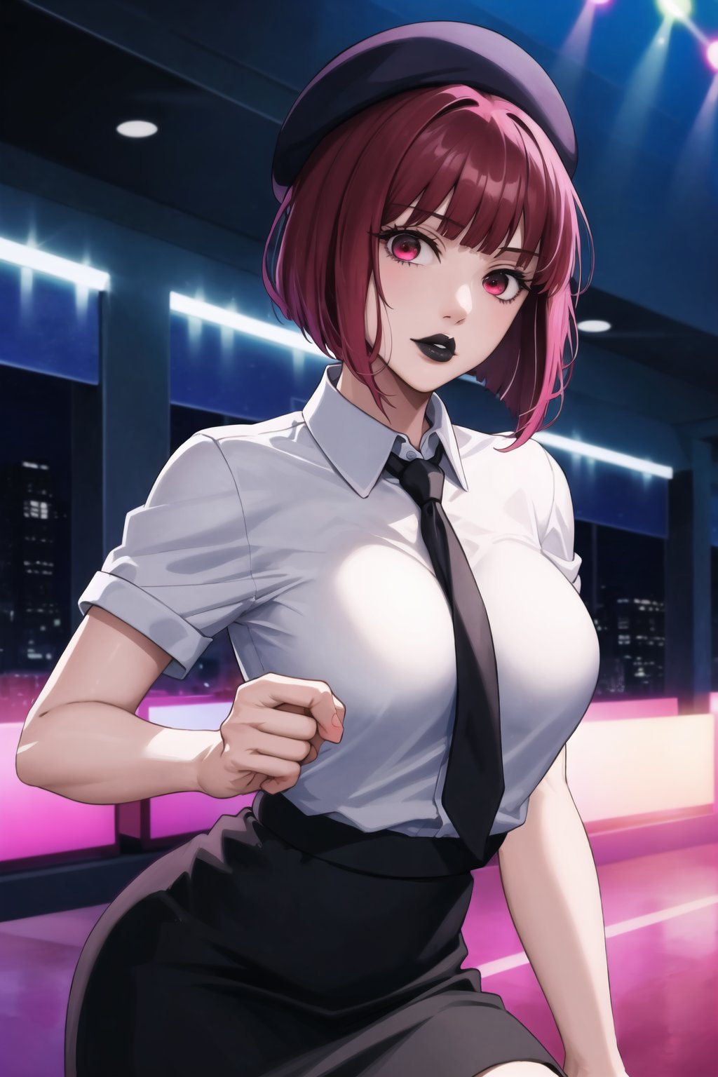 (best quality), (highly detailed), masterpiece, (official art), aakana, short hair,  red eyes, black headwear,, solo,  lips:1.2, black lips:1.4, lipstick:1.2, skirt, black neckktie, latex:1.2, pencil_skirt, shirt, standing, looking at viewer, white shirt, breasts, black skirt, looking at viewer, (/nightclub scene, neon lights), , club, (nigth club), ,hd quality, perfect face ,realistic, realistic body , perfect face sync,night club,StandingAtAttention,marinette,night club,b1mb0, 