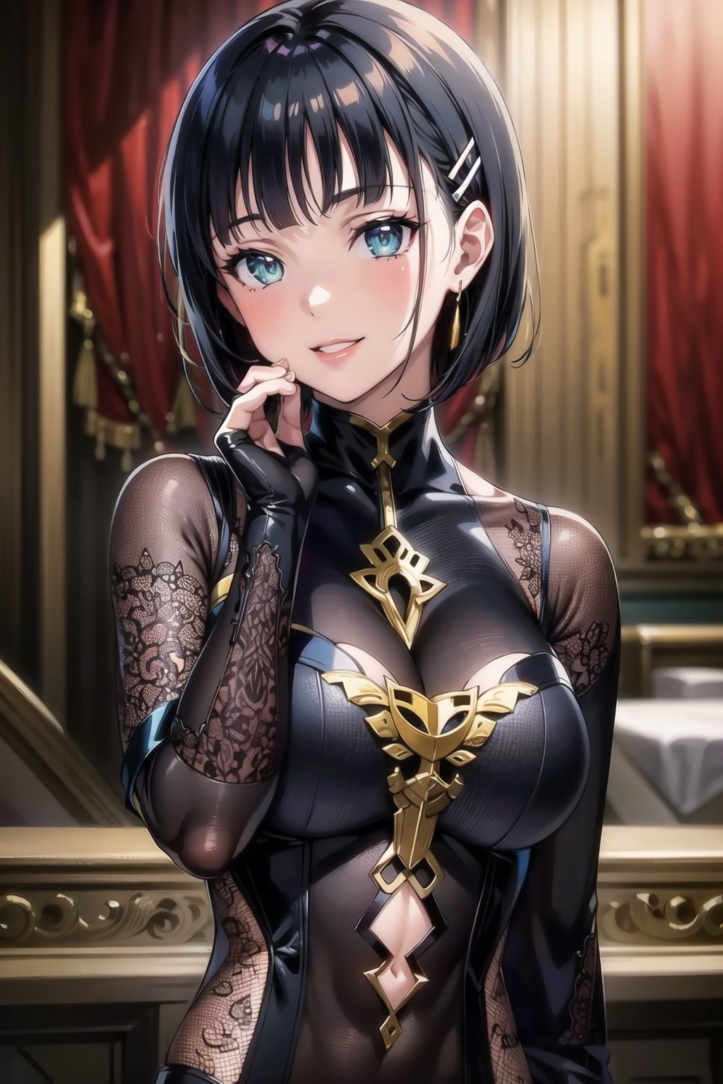 (best quality), (highly detailed), masterpiece, (official art), suguha, short hair, black hair, bob cut, hairclip, hair ornament, blunt bangs, lips, smile, pose, ((bodysuit)),  (intricately detailed, hyperdetailed), blurry background,depth of field, best quality, masterpiece, intricate details, tonemapping, sharp focus, hyper detailed, trending on Artstation,1 girl, solo,high res,official art