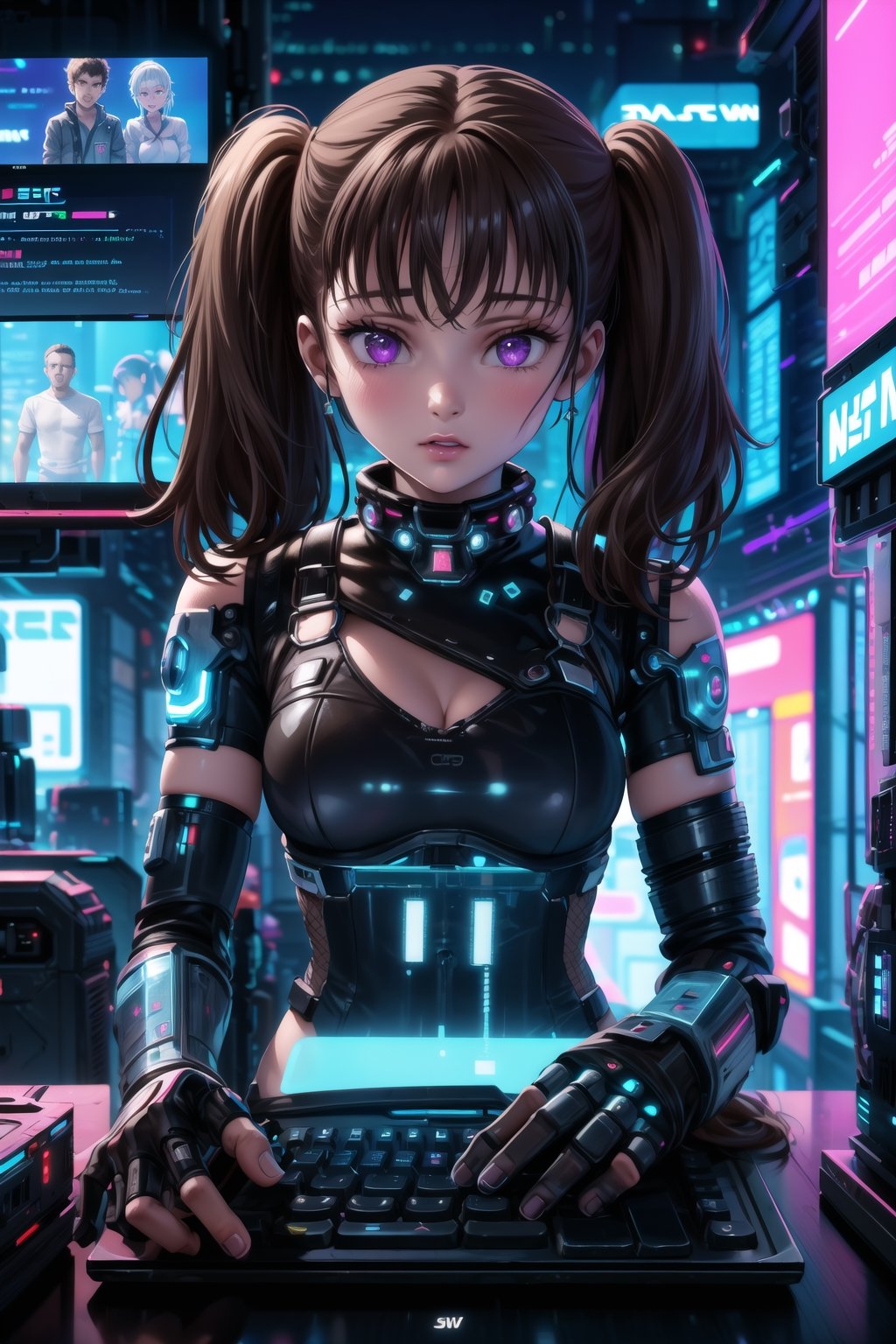 masterpiece,best quality,highres,ultra-detailed,diane, ((twintails)), purple eyes, brown hair, bangs, ((hacker)), ,fishnets ,computer, monitor, wive, cable,(( cyberpunk)), indoors, neon nigth, ((Cyborg)), ((star wars)), chip, cyberpunk, collar, confident and curious gaze, futuristic cyberpunk hacker attire, high-tech bodysuit with glowing circuitry patterns, fingerless gloves underground hacker den, surrounded by screens displaying code and data, typing rapidly on a holographic keyboard, exuding intelligence and tech-savviness, cyberpunk and gritty atmosphere, dark color palette with neon highlights,