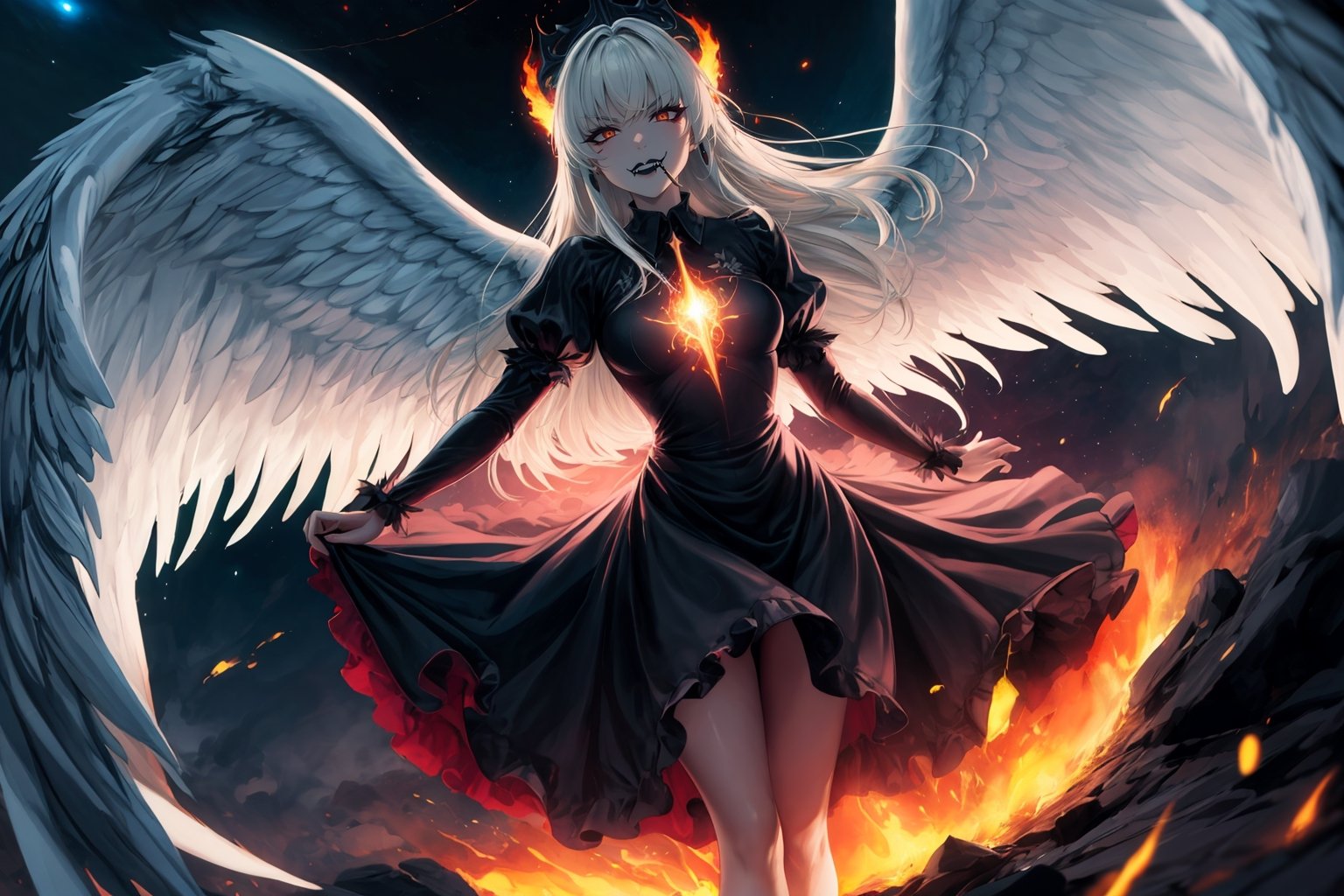 masterpiece, best quality, absurdres, 4k, 8k, uhd create fallen archangel,detailed angel wins, bloodlust, (dutch angle), hell. fire, (black wings),black dress, elizabeth, red glowy eyes, eerie, creepy, nightmarish, very bright colors, light particles, wallpaper art, ((cosmic energy)),high detailed ,evil smile, white hair, ((black lips))