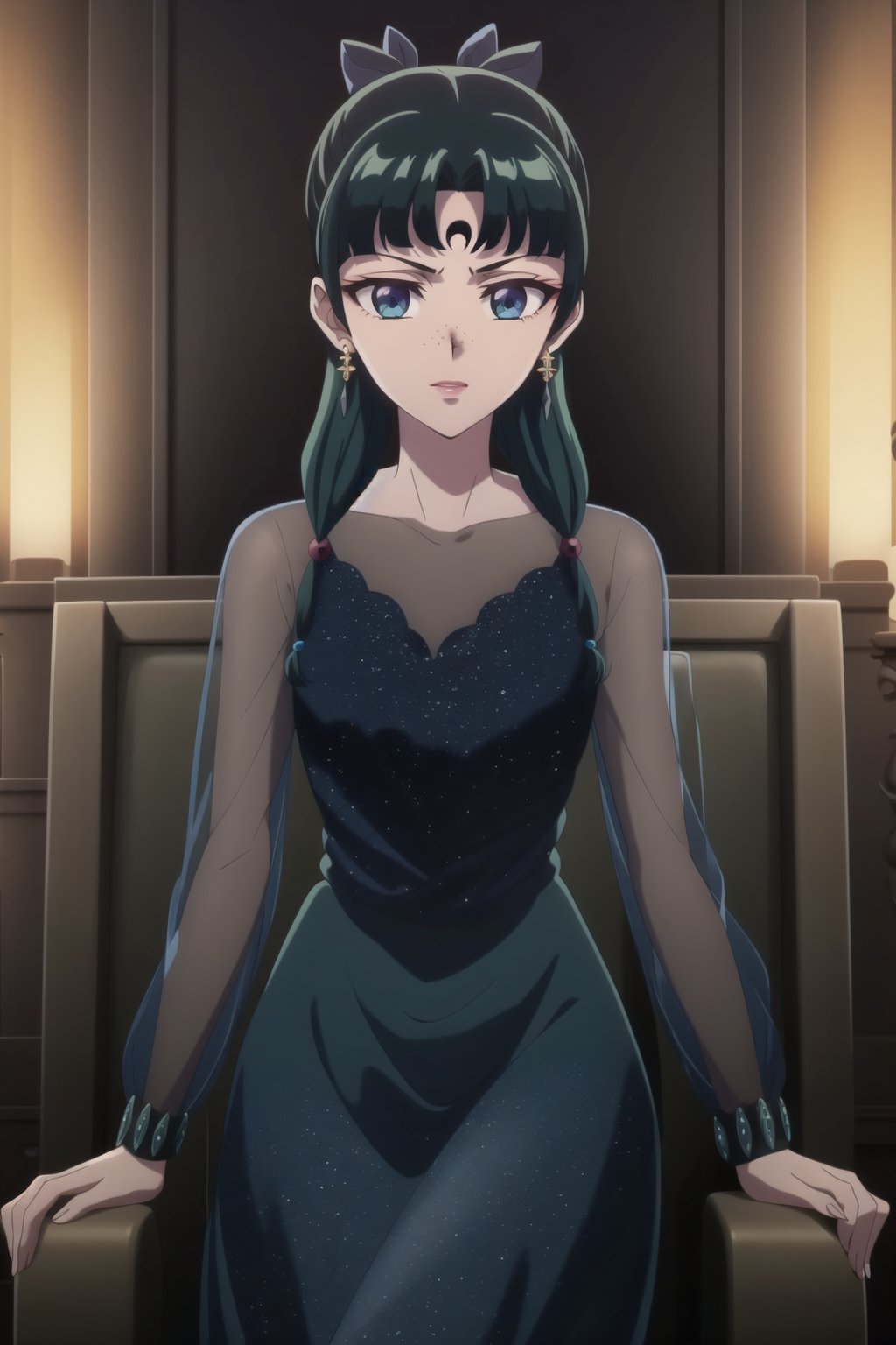 (best quality), (highly detailed), masterpiece, (official art), maomao,1girl,blunt bangs,green hair,blue eyes,sidelocks,twin braids,hair over shoulder,hair beads,half updo,single hair bun,hair ribbon,freckles, forehead mark, crescent facial mark, black crystal earrings, black dress, long sleeves, see-through,  sitting, throne,