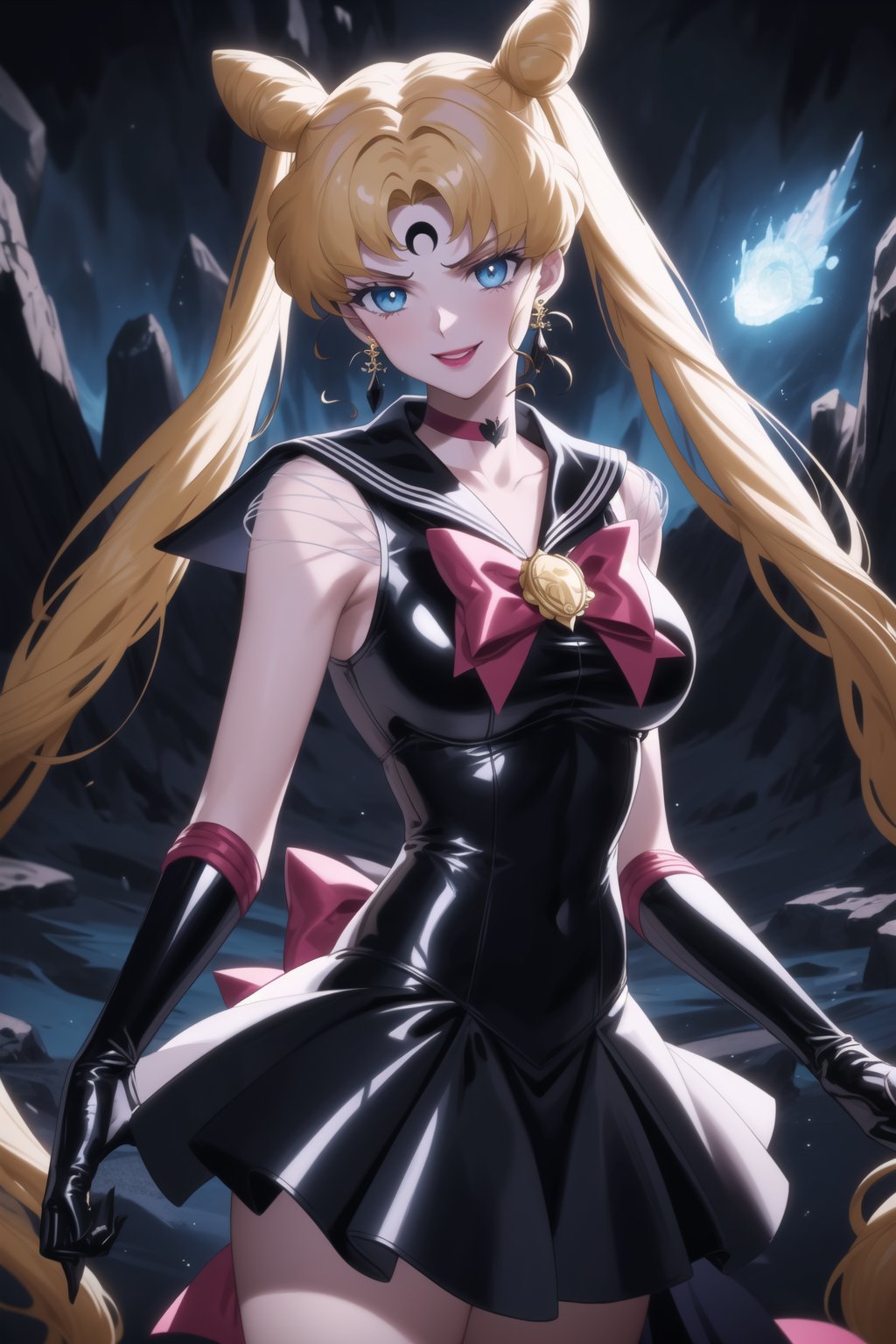 (best quality), (highly detailed), masterpiece, (official art),aausagi, double bun, twintails, parted bangs. blonde hair, makeup, forehead mark, crescent facial mark,  lipstick, black crystal earrings, aged up, sailor moon, black sailor, choker, red bow, black gloves, elbow gloves, blue skirt, latex, A dark and mysterious female character inspired by the style of classic anime. She has an evil face with an evil smile, giving her an imposing and intimidating presence. The overall atmosphere is dark and mysterious, with a sense of power and control emanating from her posture.