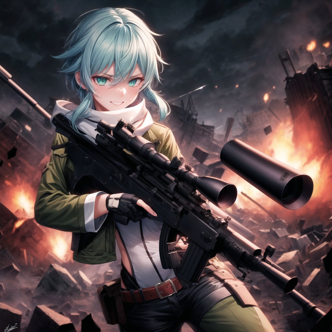 Highly detailed anime illustration of Sinon in the midst of a desolate battlefield, her blue hair whipping in the wind as she fires her sniper rifle with deadly precision. Her sharp aqua eyes, partially obscured by strands of hair, gleam with a twisted joy, and a sadistic smile spreads across her face, reflecting her dark pleasure in the chaos of combat.

sinon1 is dressed in her signature combat outfit: a green cropped jacket open at the front, revealing a white scarf that flutters as she moves. Her black shorts and fingerless gloves are practical for the fight, while her sniper rifle is held firmly, aimed with unwavering focus. The rifle's muzzle flashes brightly, illuminating the battlefield in sharp, cold light.

The surrounding environment is bleak and war-torn, with crumbling structures and a cloudy, dark sky overhead, adding to the tension and intensity of the scene. The ground is littered with debris, evidence of the ongoing conflict. Shadows and light play across her form, emphasizing her role as a hunter in this grim setting.

Despite the devastation around her, Sinon’s sadistic smile and the gleam in her eyes make it clear she relishes the battle, her laughter echoing amidst the destruction. Every shot she takes is precise, her enjoyment of the fight apparent in every detail of her expression and posture.

Key Details:

The sniper rifle is depicted in high detail, with visible muzzle flash and recoil captured mid-shot.
Sinon's expression is the focal point, her sadistic smile and bright, crazed eyes adding a layer of psychological depth.
The battlefield is grim, with dark, moody lighting that contrasts with the bright flashes of gunfire.
Her pose is dynamic, with the rifle held steady as she fires, her body language exuding confidence and delight in the violence.
The overall atmosphere is dark and intense, highlighting Sinon's enjoyment of the chaos and her role as a formidable sniper in the heat of battle.