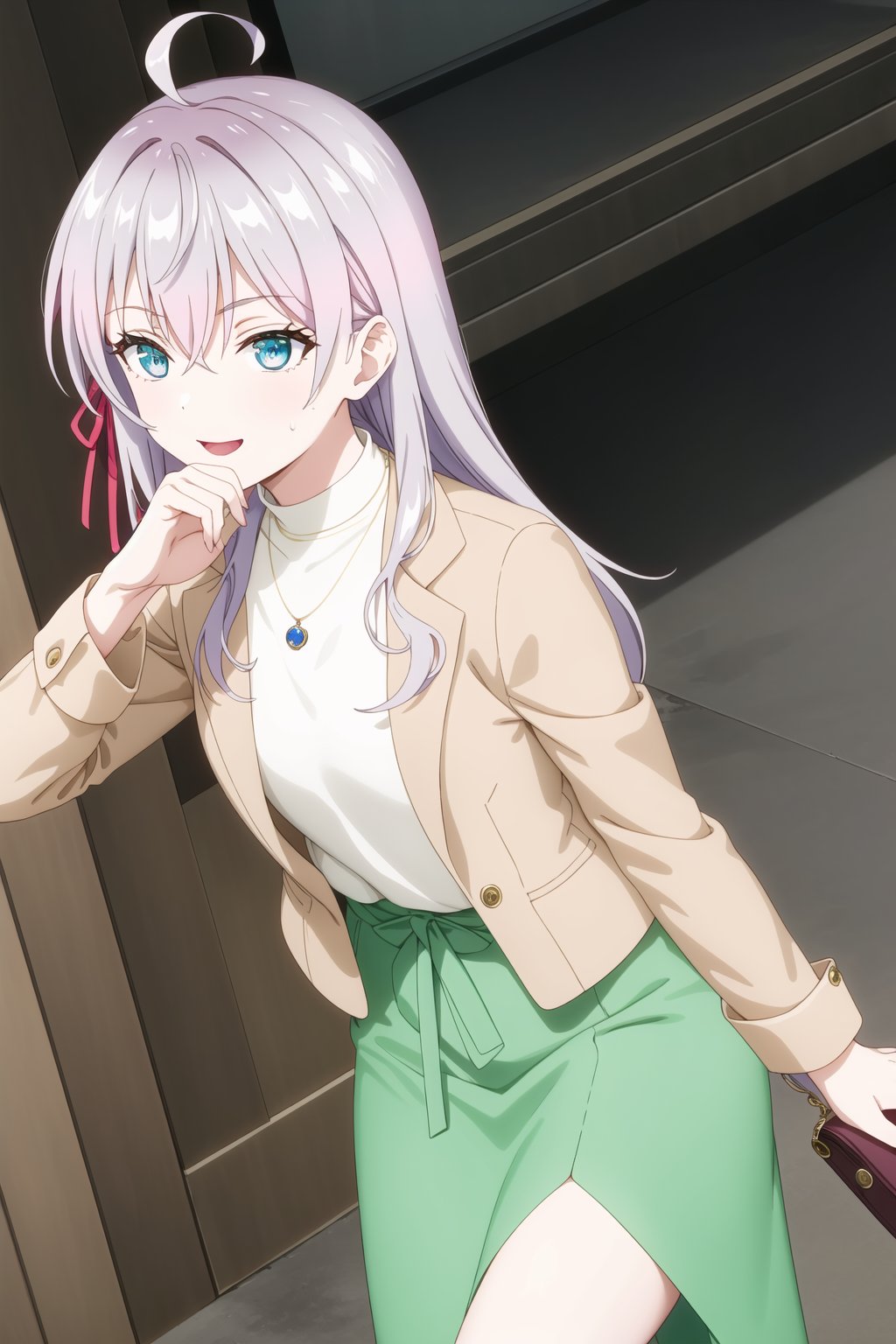  (best quality), (highly detailed), masterpiece, (official art), 1girl, solo, alya, long hair, grey hair, blue eyes, hair between eyes, hair ribbon, red ribbon, ahoge , smile, pose, jewelry, long sleeves, open clothes, necklace, bag, green skirt, brown jacket, handbag, sweatdrop, sweater, open jacket, turtleneck, pendant, brown jacket, shopping