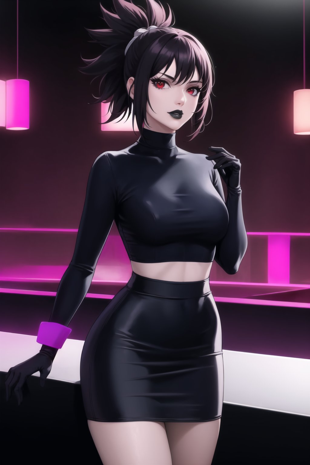 (best quality), (highly detailed), masterpiece, (official art),  kohaku, black hair:1.2, red eyes, hair ornament, ponytail, solo,  lips:1.2, black lips:1.4, lipstick:1.2, skirt, black turtleneck shirt, black shirt, latex:1.2, gloves, pencil_skirt, shirt, black gloves, standing, looking at viewer, breasts, black skirt, looking at viewer, (/nightclub scene, neon lights), , club, (nigth club), ,hd quality, perfect face ,realistic, realistic body , perfect face sync,night club,StandingAtAttention,marinette,night club,b1mb0, 