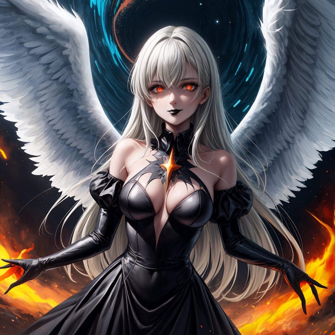 masterpiece, best quality, absurdres, 4k, 8k, uhd create fallen archangel,detailed angel wins, bloodlust, (dutch angle), hell. fire, (black wings),black dress, elizabeth, red glowy eyes, eerie, creepy, nightmarish, very bright colors, light particles, wallpaper art, ((cosmic energy)),high detailed ,evil smile, white hair, ((black lips))