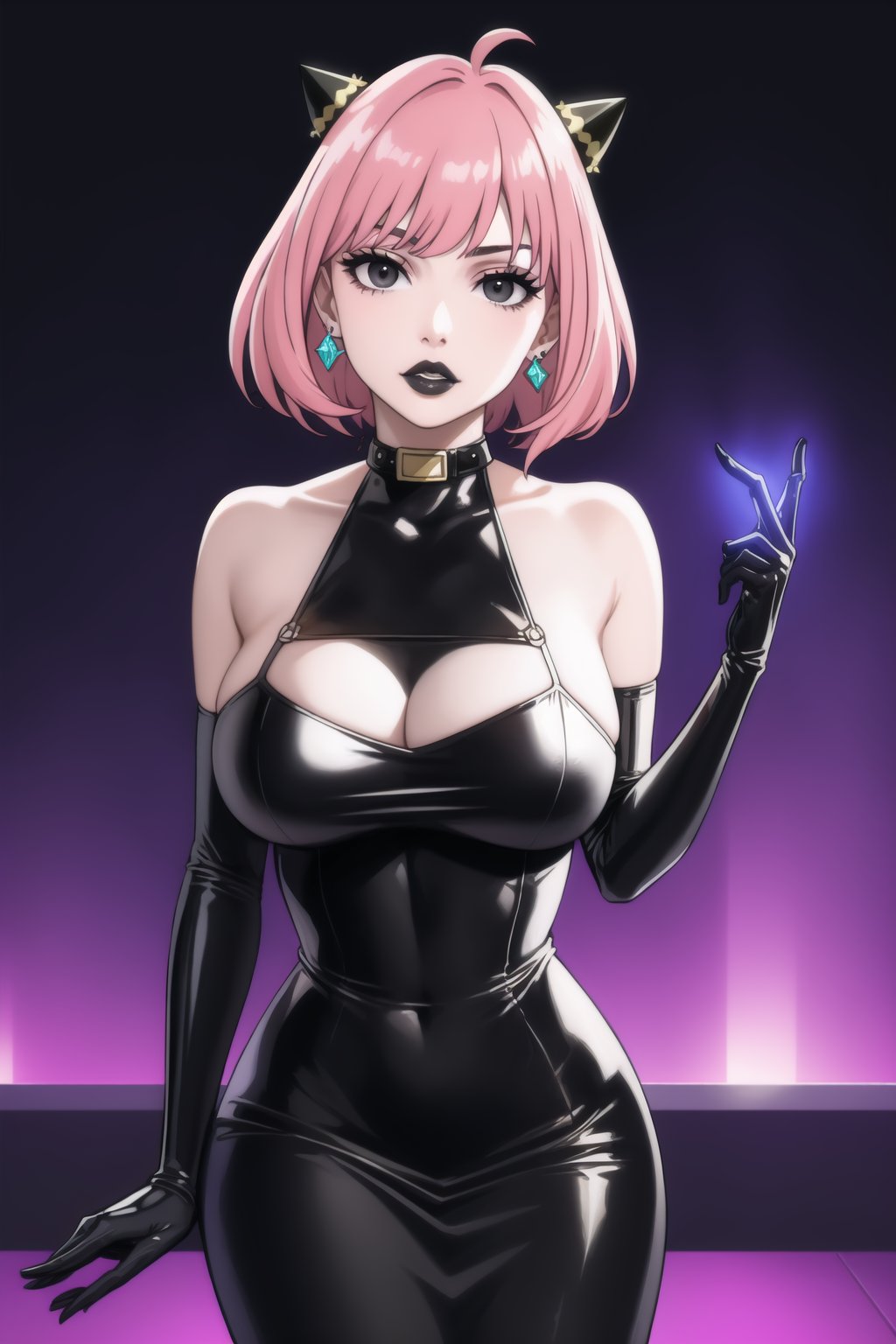 (best quality), (highly detailed), masterpiece, (official art),  ,anya forger:1.3,ahoge, hair ornament,( anya, hair ornament, pink hair, short hair),Earrings,   gem earring:1.2,black_earrings, lips:1.2, black lips:1.4, makeup:1.2, lipstick:1.2,  makeup, black eyes:1.2, ,black collar, black latex dress, black latex elbow gloves, crystal earrings, distant gaze, elbow gloves, female, female only, fetish wear, gloves, hand on butt, hand on knee, only, large breasts, latex, latex dress, latex elbow gloves, latex gloves, light-skinned female, light skin, long dress, solo, solo female,lips, cowboy shot, large breast, looking at viewer, (/nightclub scene, neon lights)), , club, (nigth club), ,hd quality, perfect face ,realistic, realistic body , perfect face sync,night club,StandingAtAttention,marinette,night club,b1mb0, dancing:1.2