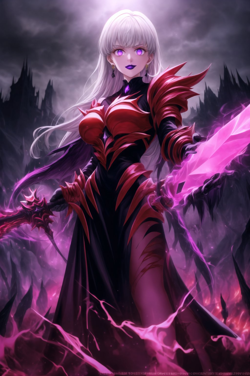 ((lips,purple lips,lipstick,makeup)), ((crescent face mark, Crystal black earrings)),closed mouth,smile, elizabeth, long white hair,blunt bangs ,lips, ruler of hell, stands as a malevolent dictator, gradient from white to dark, framing her cold gaze. Her elaborate gown, adorned with sinister symbols and glowing red accents, reflects her dominance and cruelty. The background features a hellish landscape: rivers of lava, jagged rocks, tormented souls, and dark clouds with lightning. Eerie, red and black glows illuminate the scene, capturing the dark and oppressive atmosphere of her dominion. Armor, black wings, mace, holding mace, demon horn,GFX