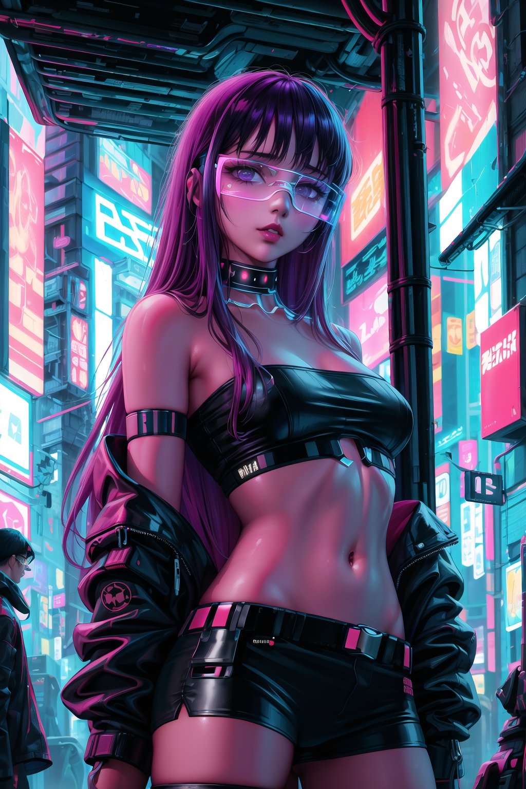 masterpiece,best quality,highres,ultra-detailed,purple hair, long hair, Saori, ((hacker)), ((black tube top,navel)),fishnets ,computer, monitor, wive, cable,(( cyberpunk)), indoors, neon nigth, ((Cyborg)), ((star wars)), chip, cyberpunk, collar, jacket,((cyberpunk glasses))